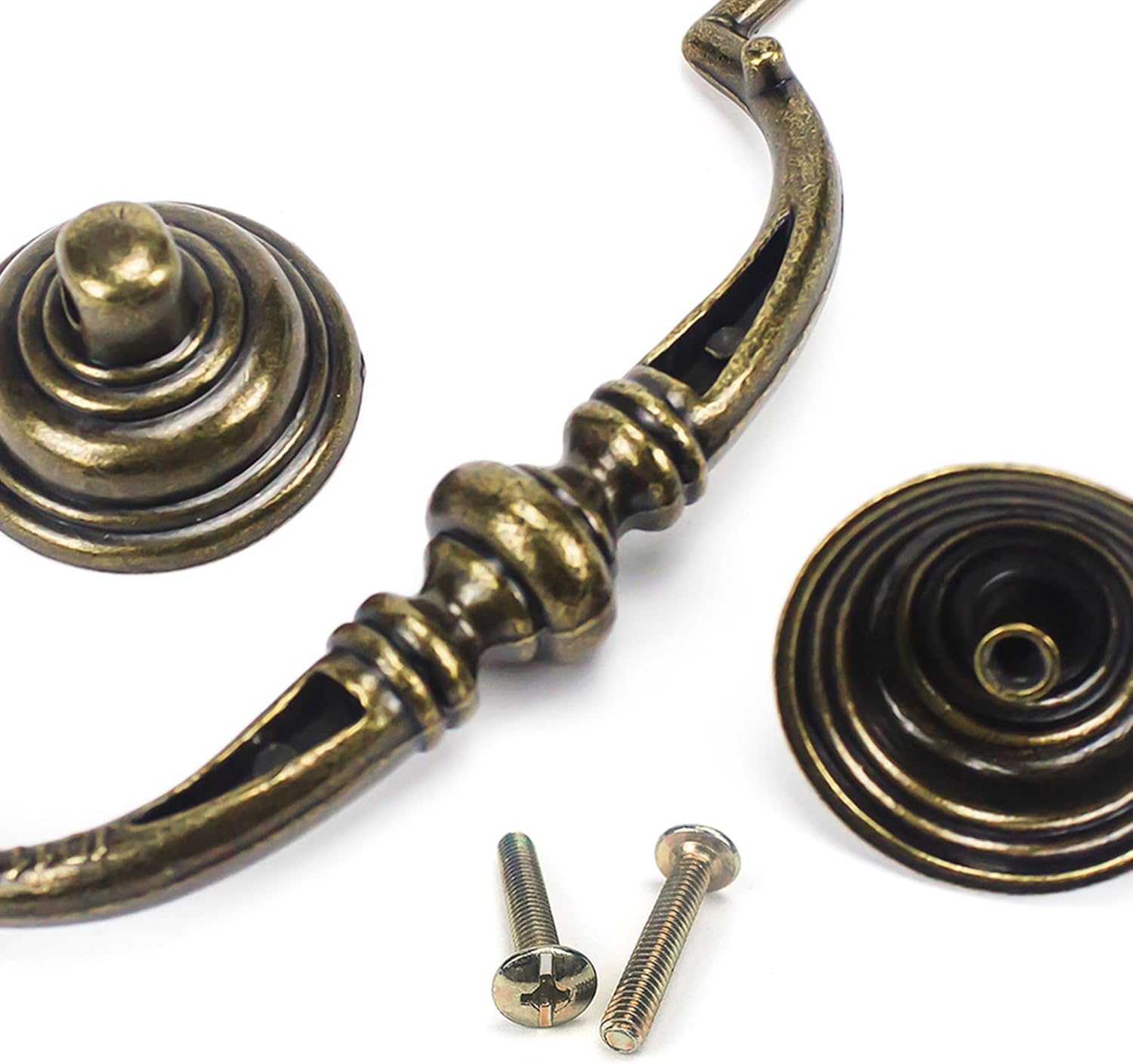 6 PCS Antique Brass Metal Drop Bail Pulls, 3-1/2" Center to Center, Vintage Shabby Chic Drawer Handles for Dressers, Cupboards, Wardrobes, and Kitchen Cabinets