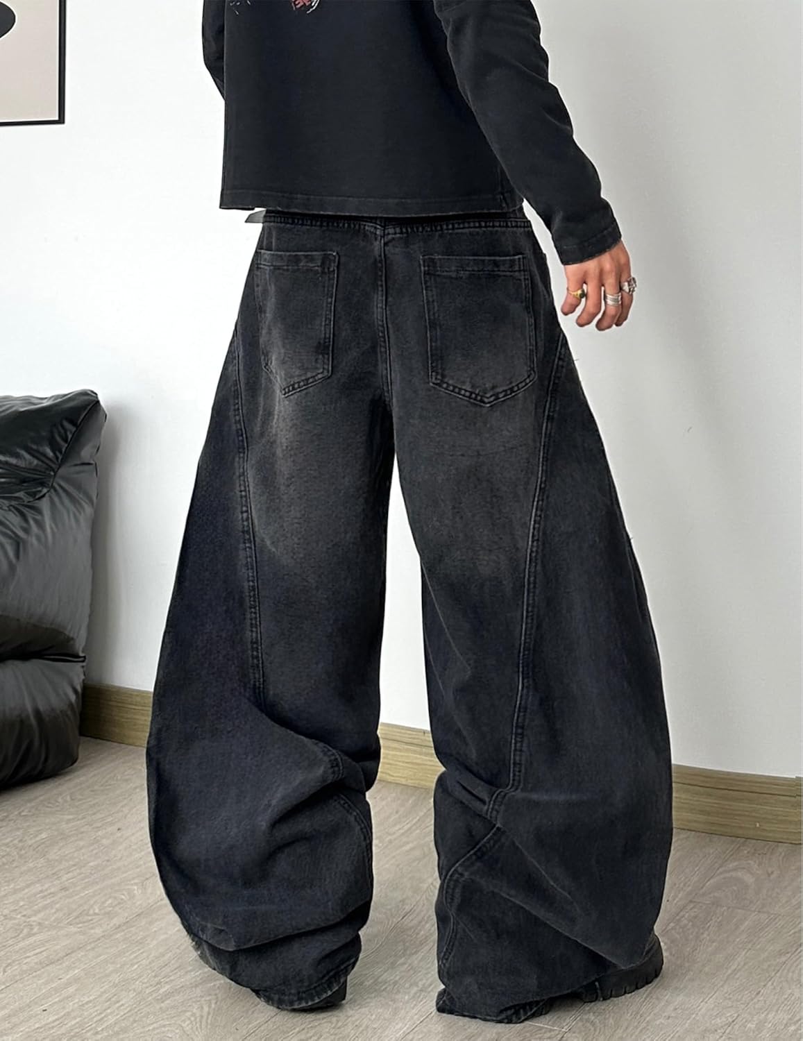 Mens Baggy Jeans Mid Waist Washed Denim Pants Irregular Sutures Trousers Wide Leg Jeans with Pockets - Image 3
