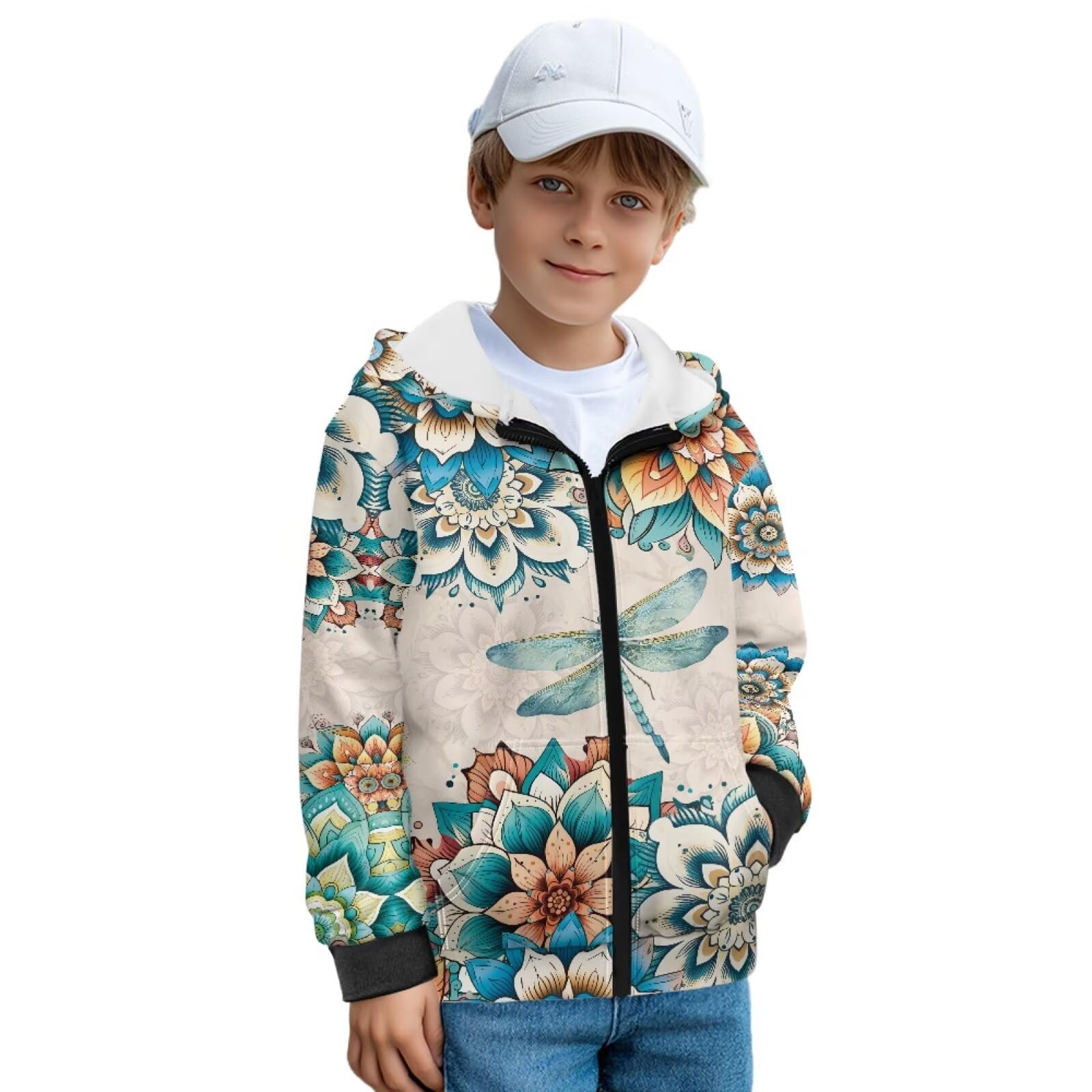 Bohema kwiatowy nadruk ważki dziecięce bluzy z kapturem zamek błyskawiczny bluza z przodu chłopcy dziewczęta kurtka z kieszeniami polar bluza z kapturem odzież uliczna do szkoły domu, XL