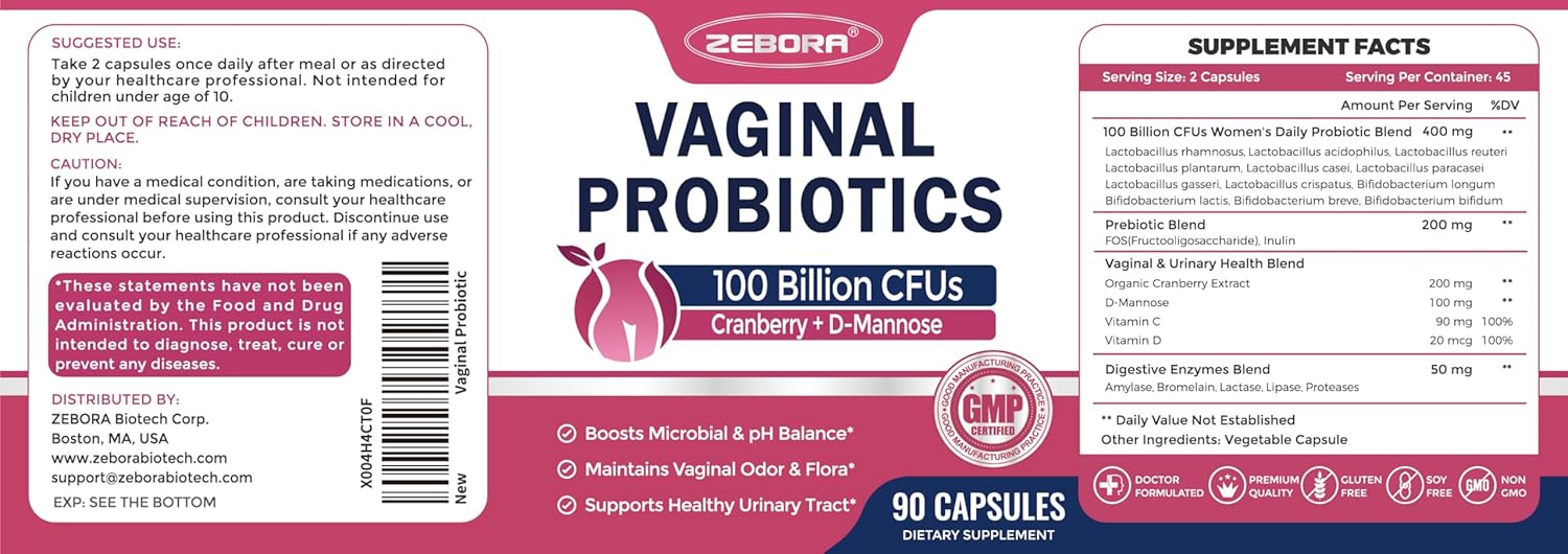ZEBORA Vaginal Probiotics for Women 100 Billion CFUs, Probiotic for Digestive Health & Vaginal pH Balance & Urinary Tract Health, with Organic Cranberry & Prebiotics, 90 Veggie Capsules - Image 9