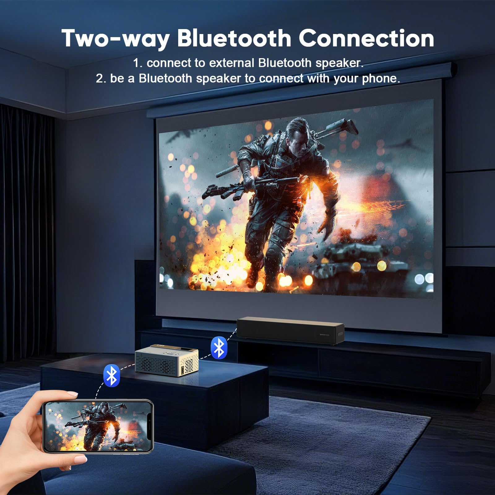 TMY Native 1080P Mini Portable Projector, 2-way Bluetooth, with 80in Screen view 4