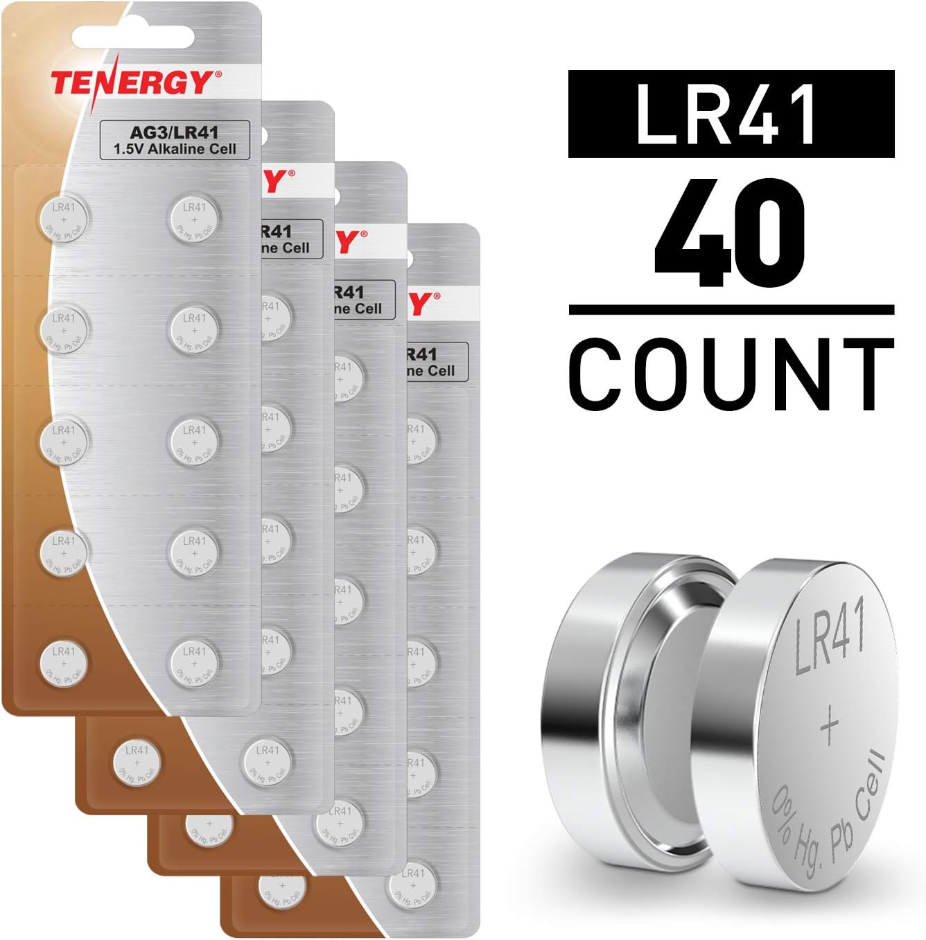 Tenergy 1.5 Volt Battery Button Cell LR41, ag3 Batteries Equivalent, Ideal for thermometers, Watches, Laser Pointers, Small Toys, Portable Electronics, 40 Count