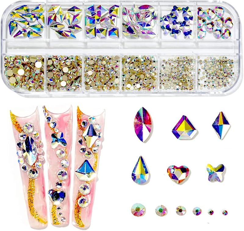 735 piezas de diamantes de imitación para uñas, cristales AB, piedras para uñas, cristales 3D, diamantes de uñas, decoración artística, manualidades, bricolaje (arco iris AB)