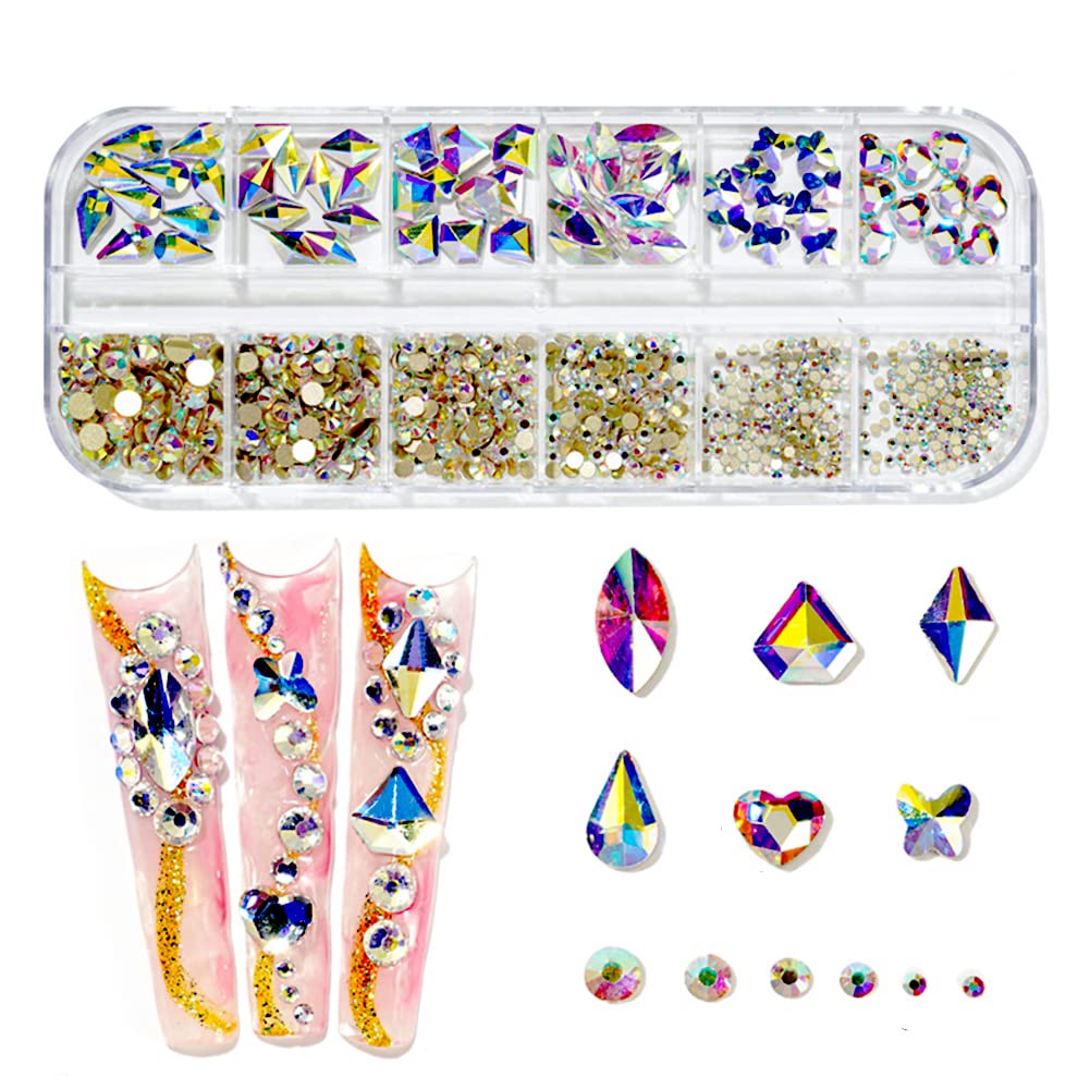 735 piezas de diamantes de imitación para uñas, cristales AB, piedras para uñas, cristales 3D, diamantes de uñas, decoración artística, manualidades, bricolaje (arco iris AB)