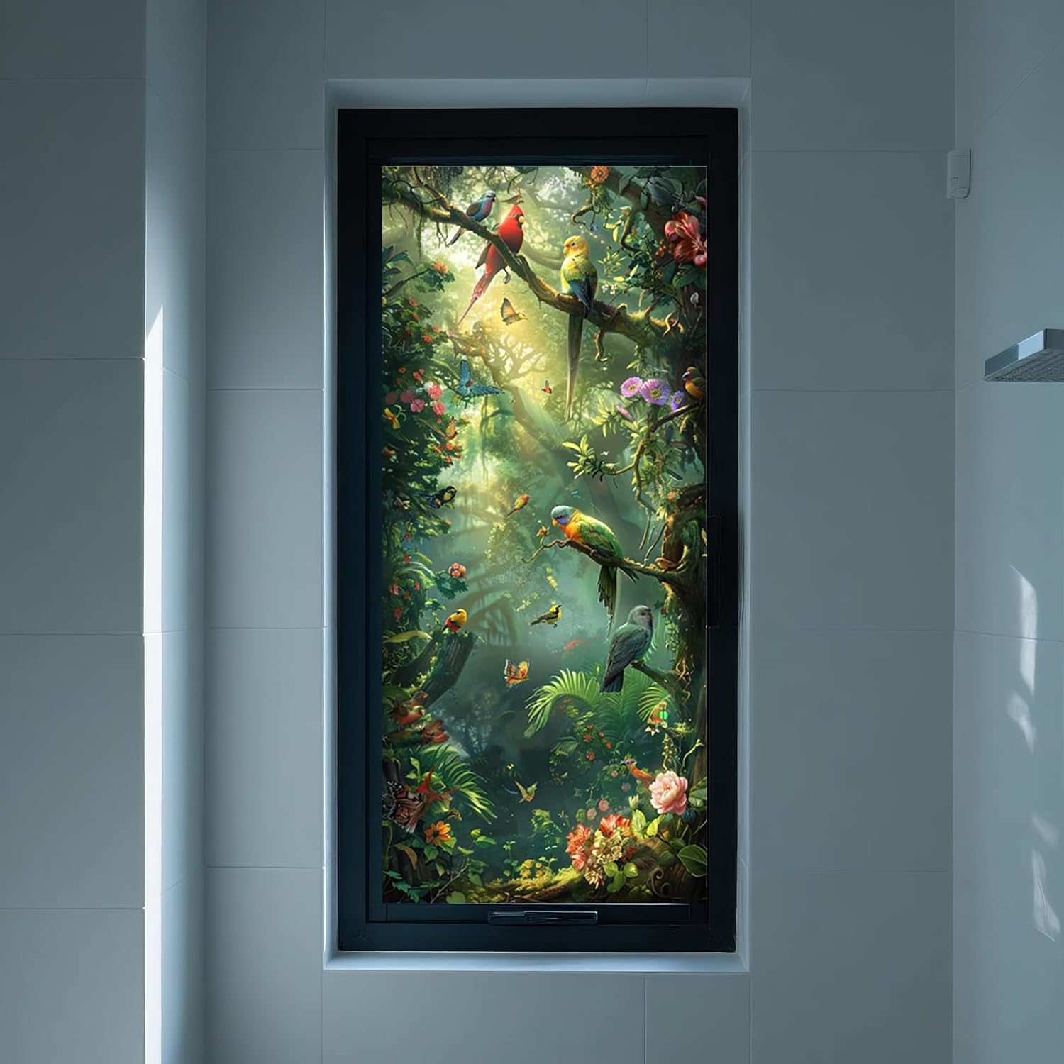 IVN Privacy Window Film Decorative Tropical Bird and Flower Design, Colorful Static Cling Window Film for Living Room Bedroom Door Panel 17.7 x 39.3 Inch