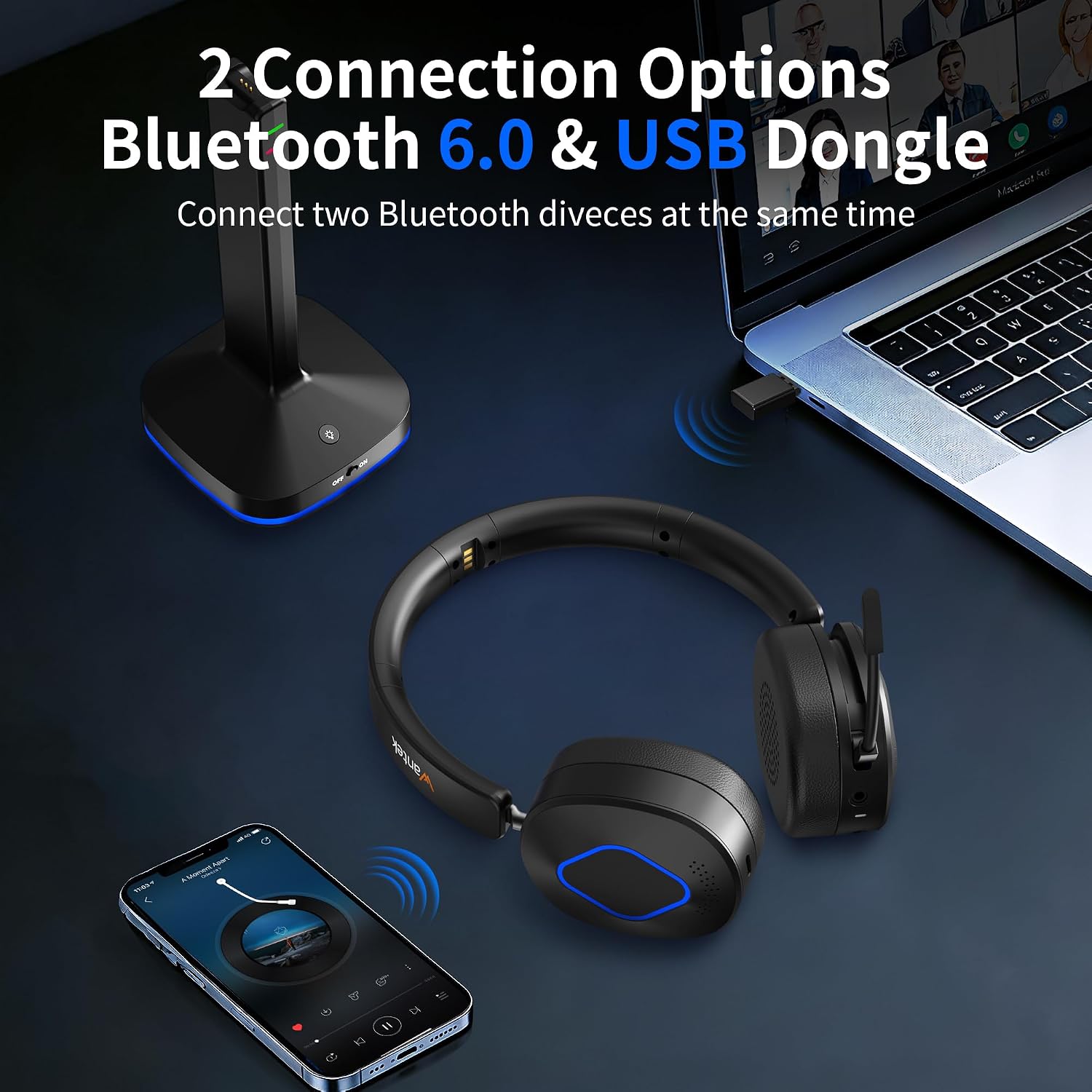 Wantek Wireless Headset with Mic, On-Ear Bluetooth Headset with Noise Cancelling Microphone, USB Dongle, Mute Button & Charging Base for PC, Laptop, Work, Zoom, Teams, Online Meetings, Home Office