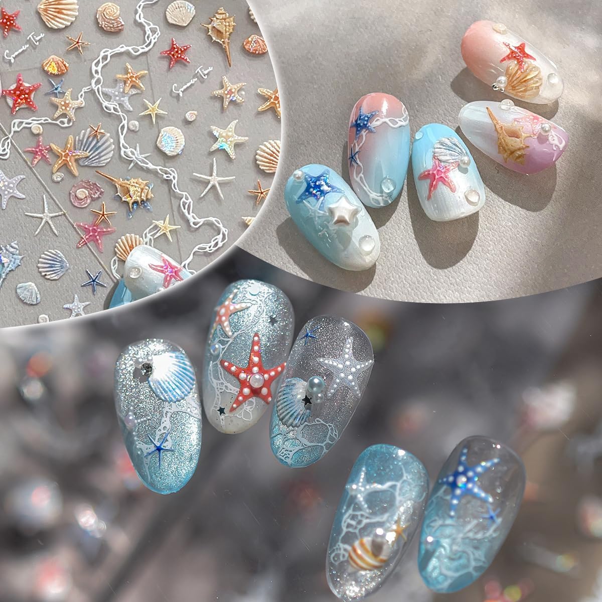 Beach Ocean Nail Stickers Summer Starfish Shell Nail Art Stickers 3D Laser Colorful Coral Pearls Embossed Nail Decals 2Pcs Self Adhesive Design Sticker Nail Art Decoration Supplies for Women Girls image 3