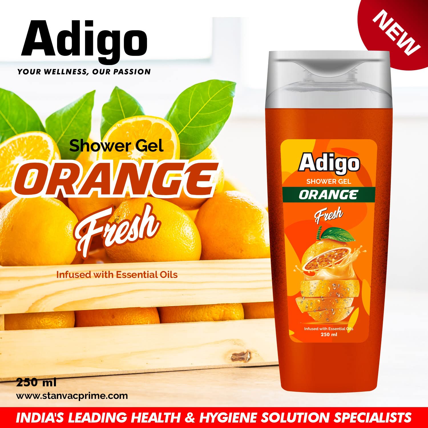 Adigo Shower Gel | Body Wash with Burst of Orange Freshness & infusion of essential oils | Moisturizing Formula & Odor Control | 250ml Pack of 2 3