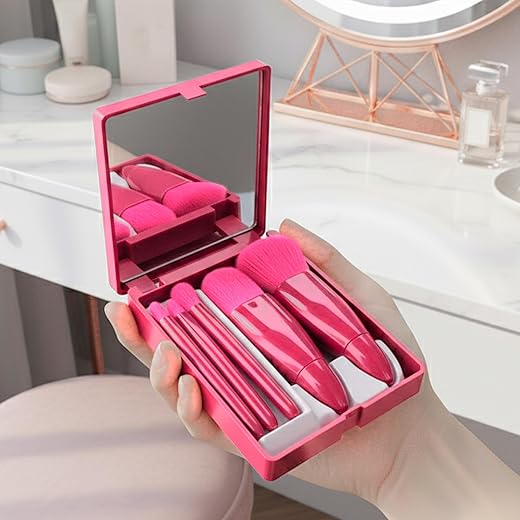Kit de Pincéis de Maquiagem Portátil com Espelho e Estojo – Conjunto Compacto Dobrável para Viagem, com Lupa de Mão – Pincéis Profissionais para Base, Pó e Sombra – Acessórios de Maquiagem Completo (KIT 6 Rosa escuro)