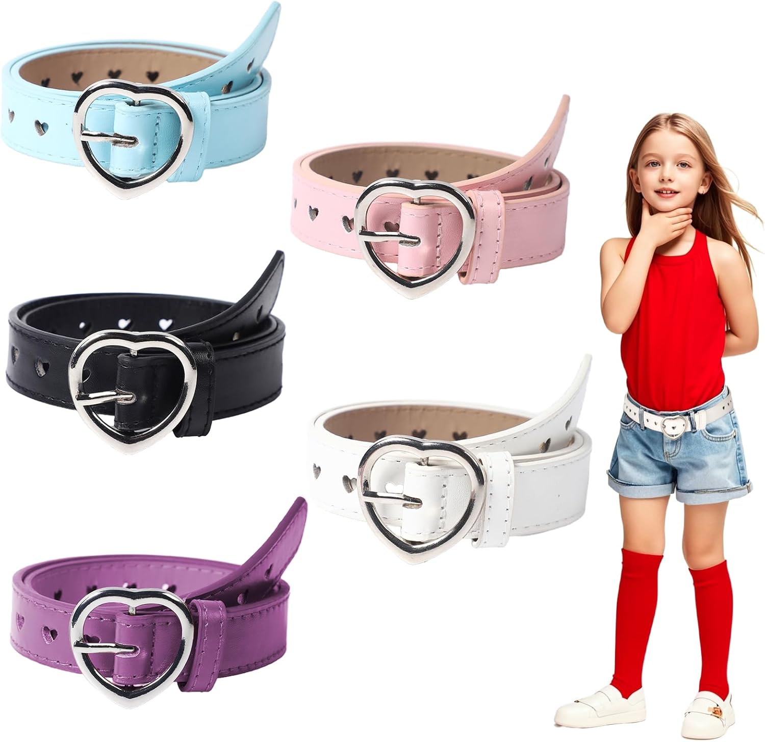 OZIO 5 Pcs Girls Belt Cute Heart Shape With Metal Buckle Elastic Stretch Adjustable Waist Belt for Girl Dress Pants Jeans