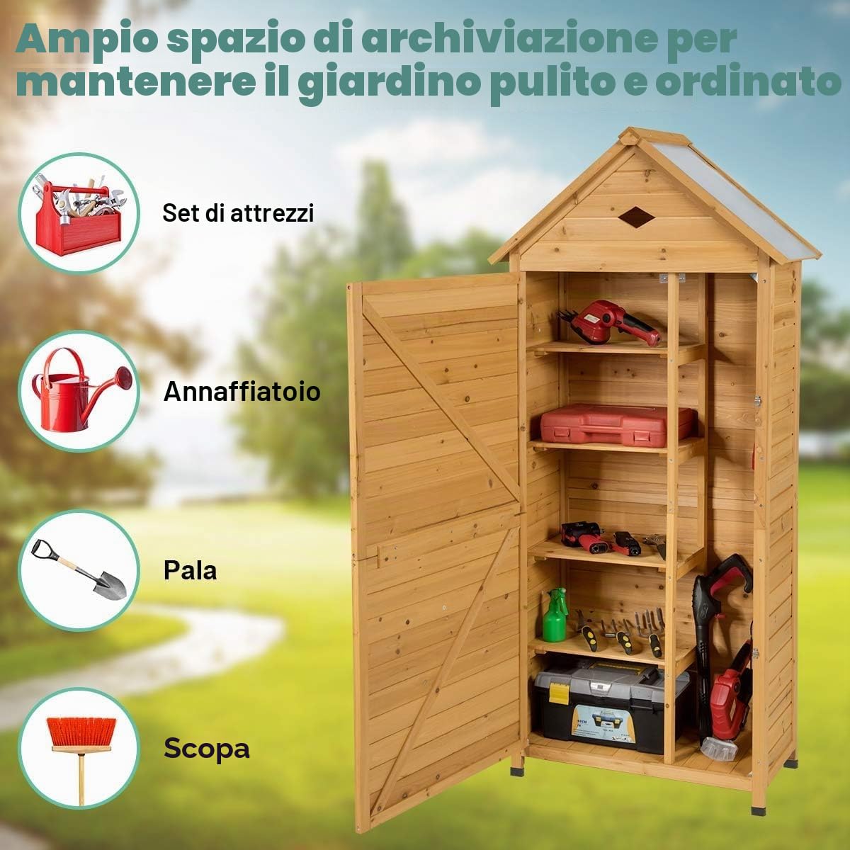 FANTASK Armadio da giardino in legno, 177 x 80 x 45 cm, per attrezzi da giardino, resistente alle intemperie, capanno da giardino, capanno in legno con tetto a due falde