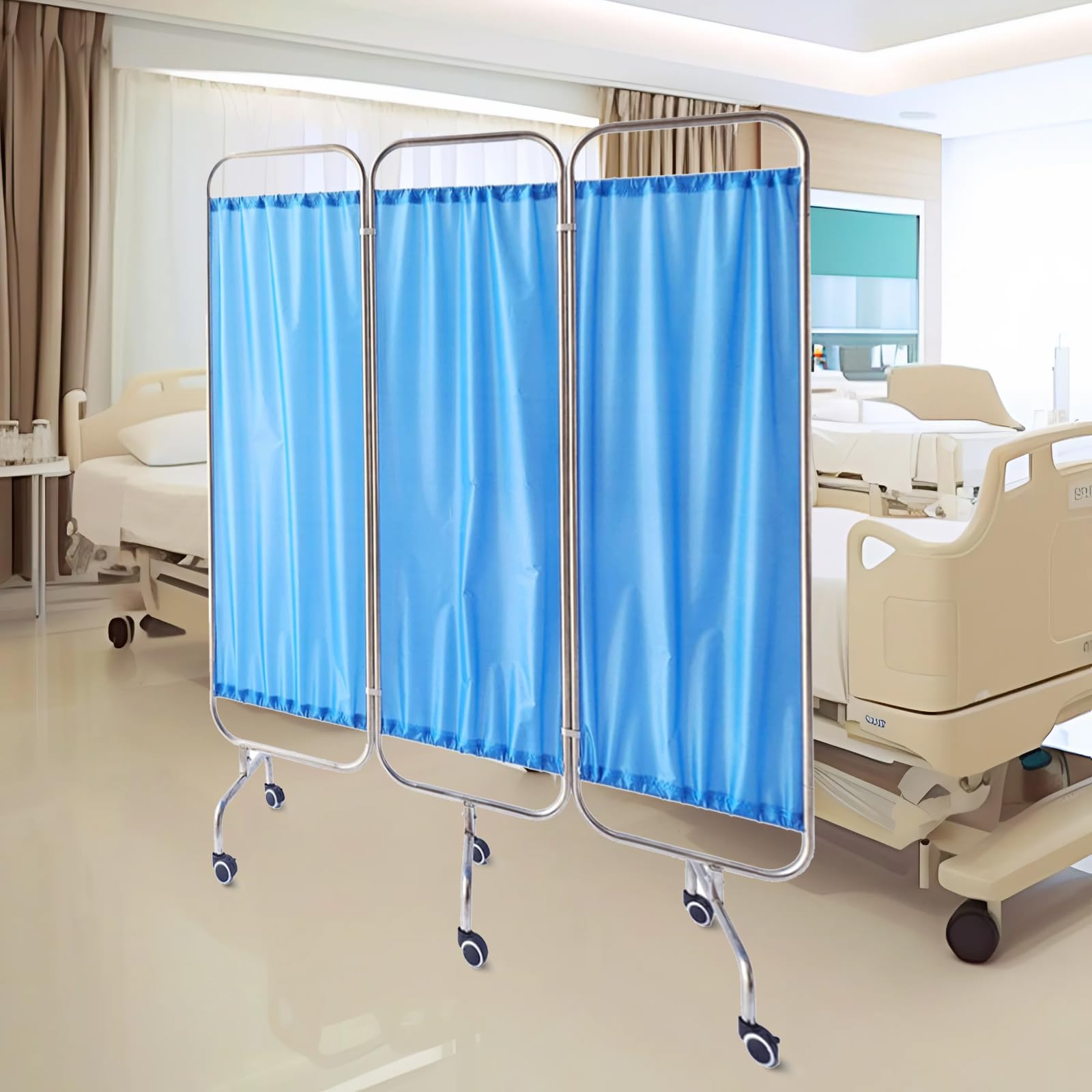 Medical Privacy Screen, Movable Folding Room Divider Curtain Foldable Medical Screen with Lockable Wheels, Freestanding Screens Privacy Partition Separator, for Emergency Room, Ward, Hospital (Blue)