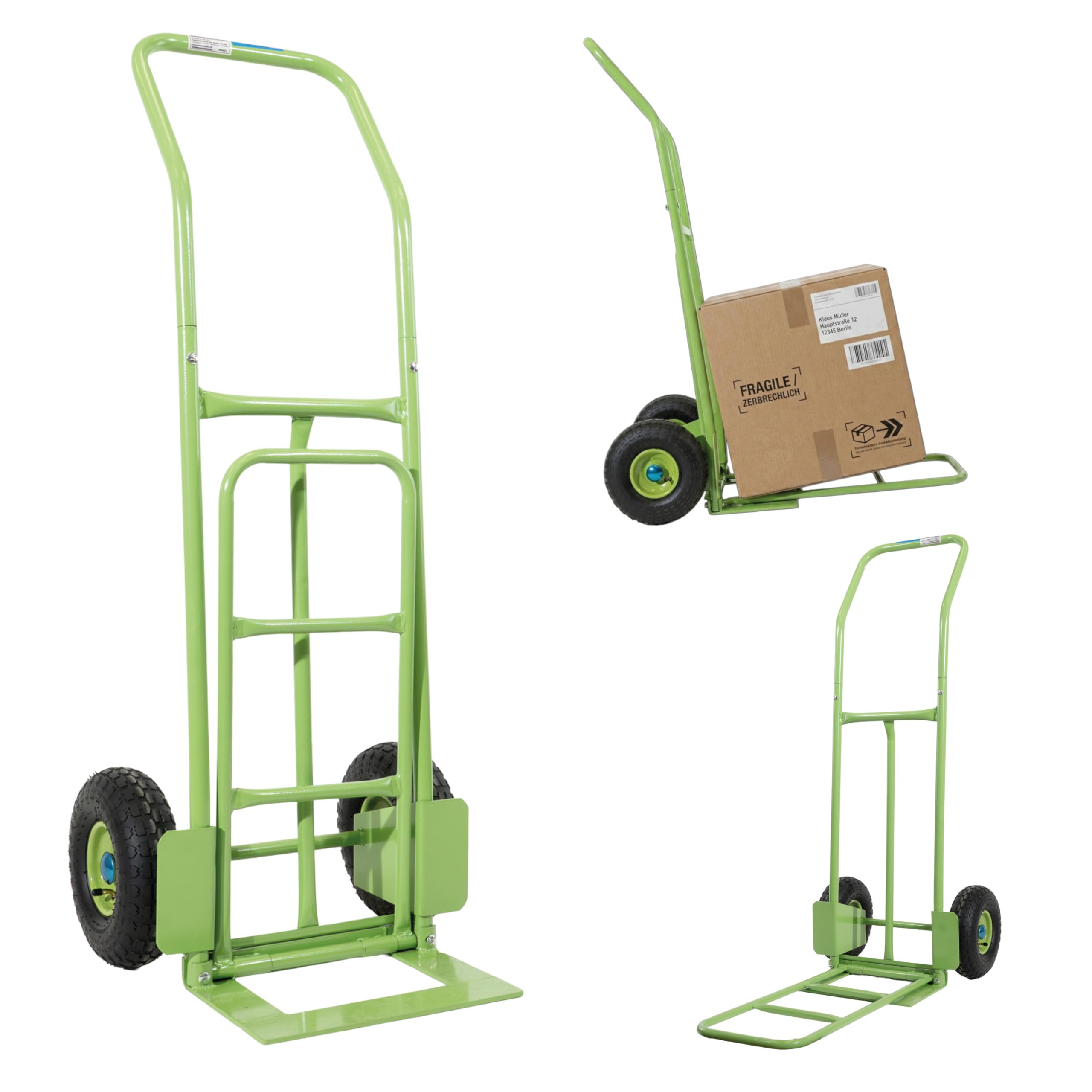 Sackkarre Paketsackkarre mit 2 Plattformen klappbar grün 150 kg Tragkraft 24 cm Reifendurchmesser 49 x 89 x 122 cm Gesamtmaße Transportkarre