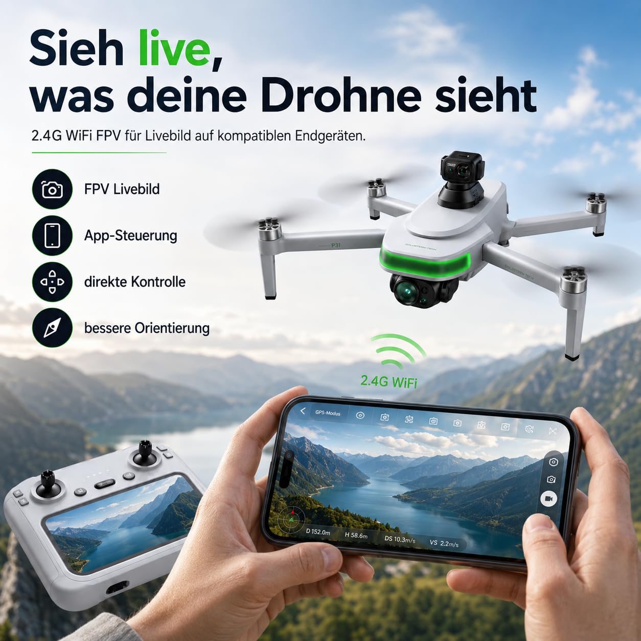Kamera Drohne mit GPS und 8K Ultra HD, Follow Me, FPV Livebild, Auto Start & Landung, Gestensteuerung, Brushless Motoren, Faltbarer RC Quadrocopter