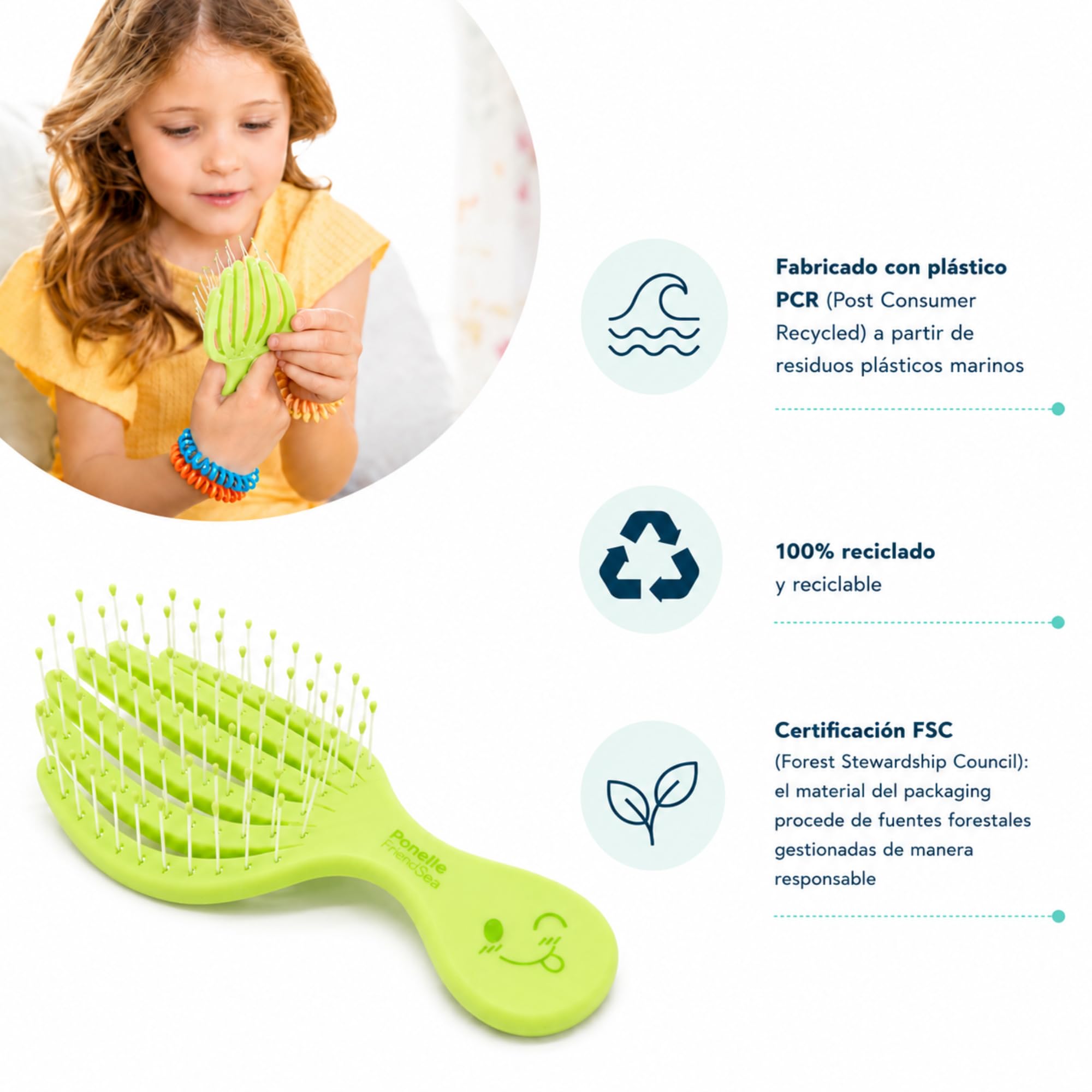 Cepillo de Pelo Desenredante Antitirones Infantil Verde Lima, Compacto, Viaje, Plástico Reciclado, Pulpillo, Divertido, Niños, Niñas, Sin Tirones, Reciclable, Marca Española