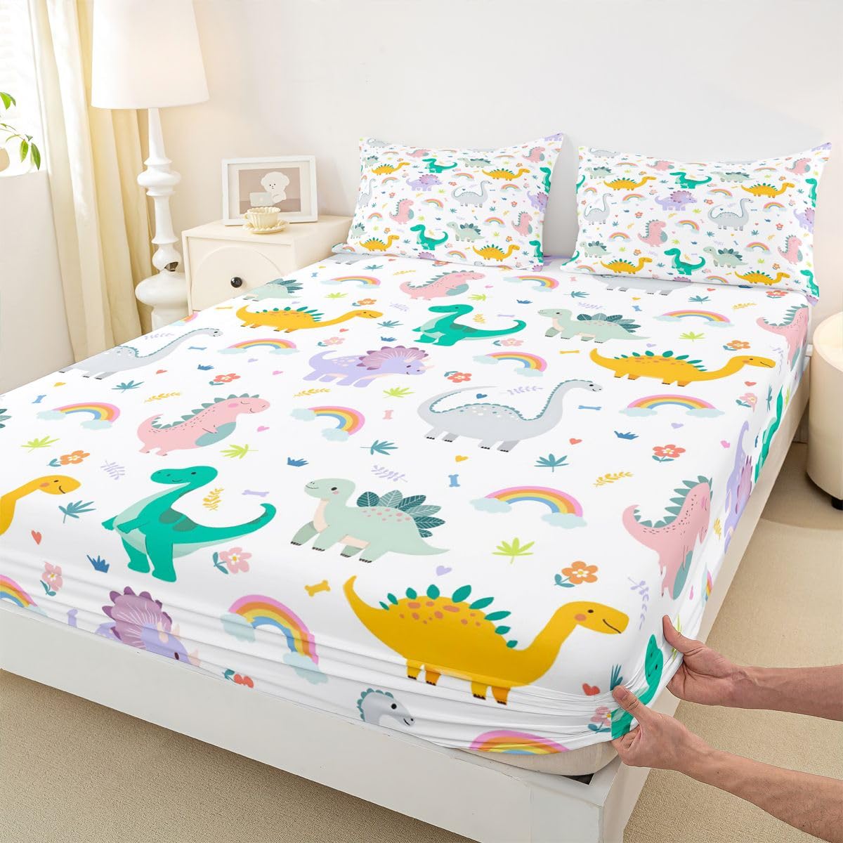 Homewish Juego de sábanas de dinosaurio verde y blanco tamaño King