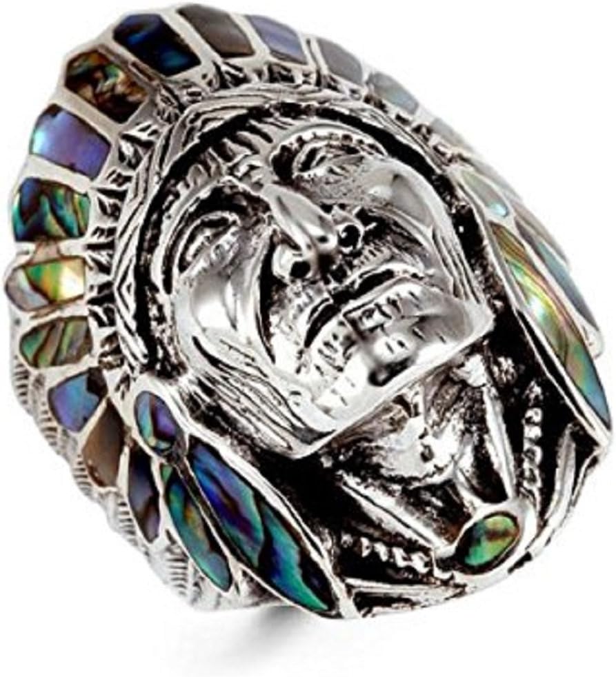 925 Silver Abalone Native American Indian Chief Ring Size 9, 10, 11, 12 and 13