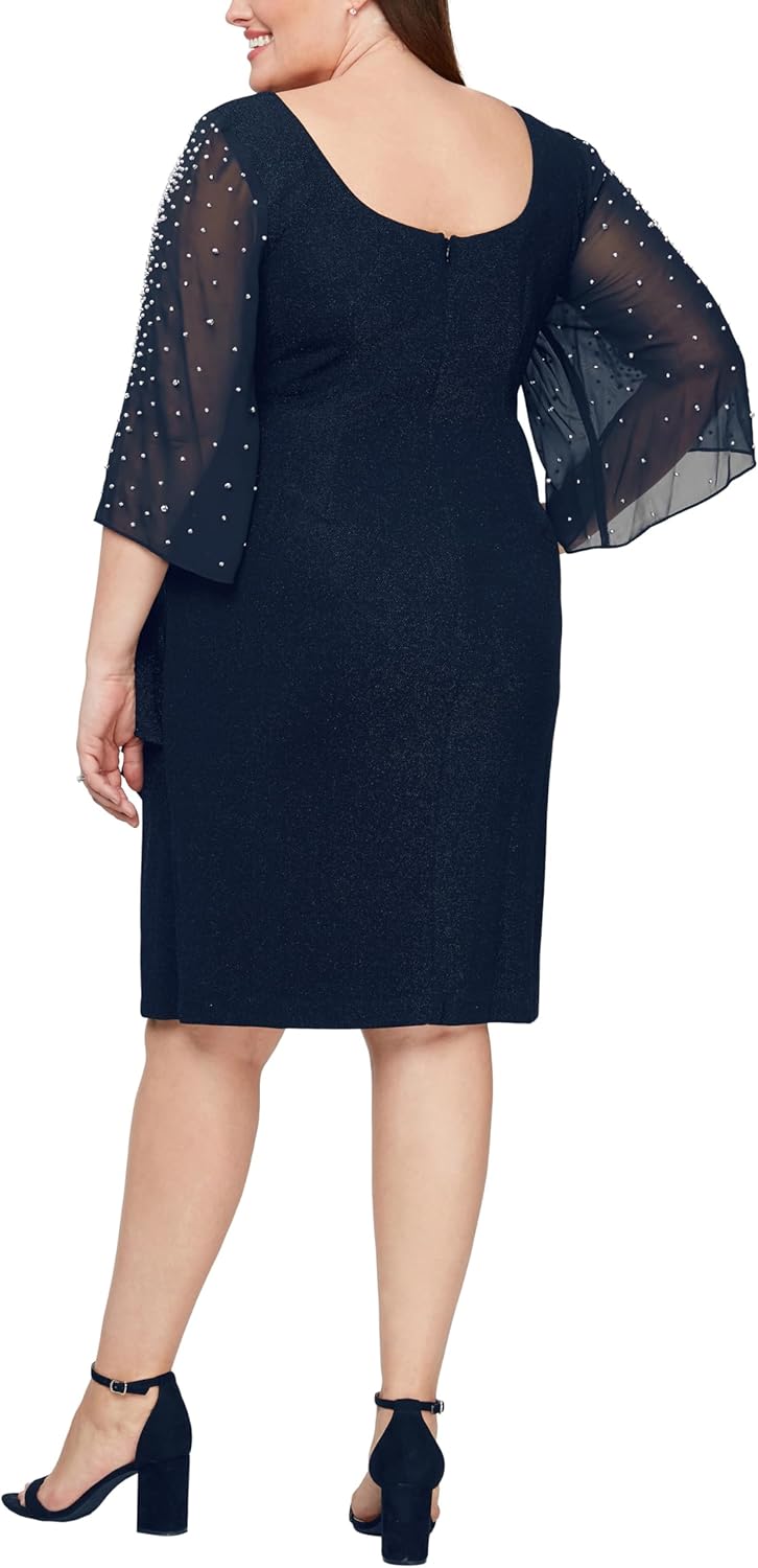 Alex Evenings Womens Plus Size Short Sheath Metallic Cocktail Dress with Embellished Sleeves and Cascade Ruffle Skirt - Image 2