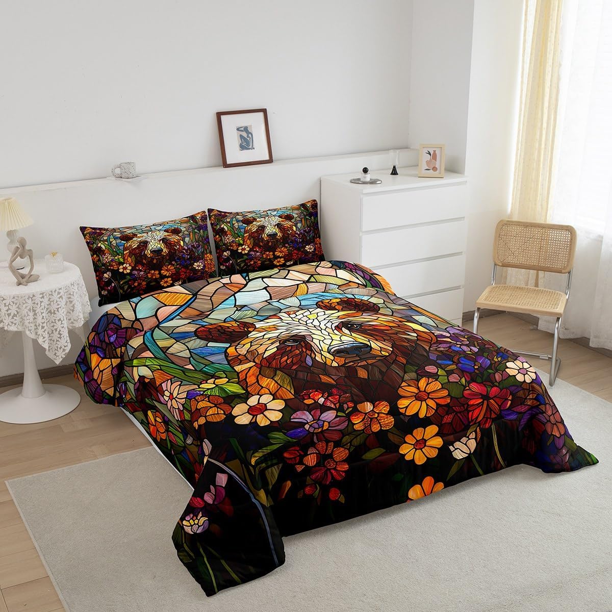 Wild Bear Kids Bedding Comforter Set Toddler,Vintage Farmhouse Animals Bedding Sets All Season,Geometric Patchwork Bedroom Quilt Set,Safari Animals Abstract Art Duvet Insert,1 Pillowcase