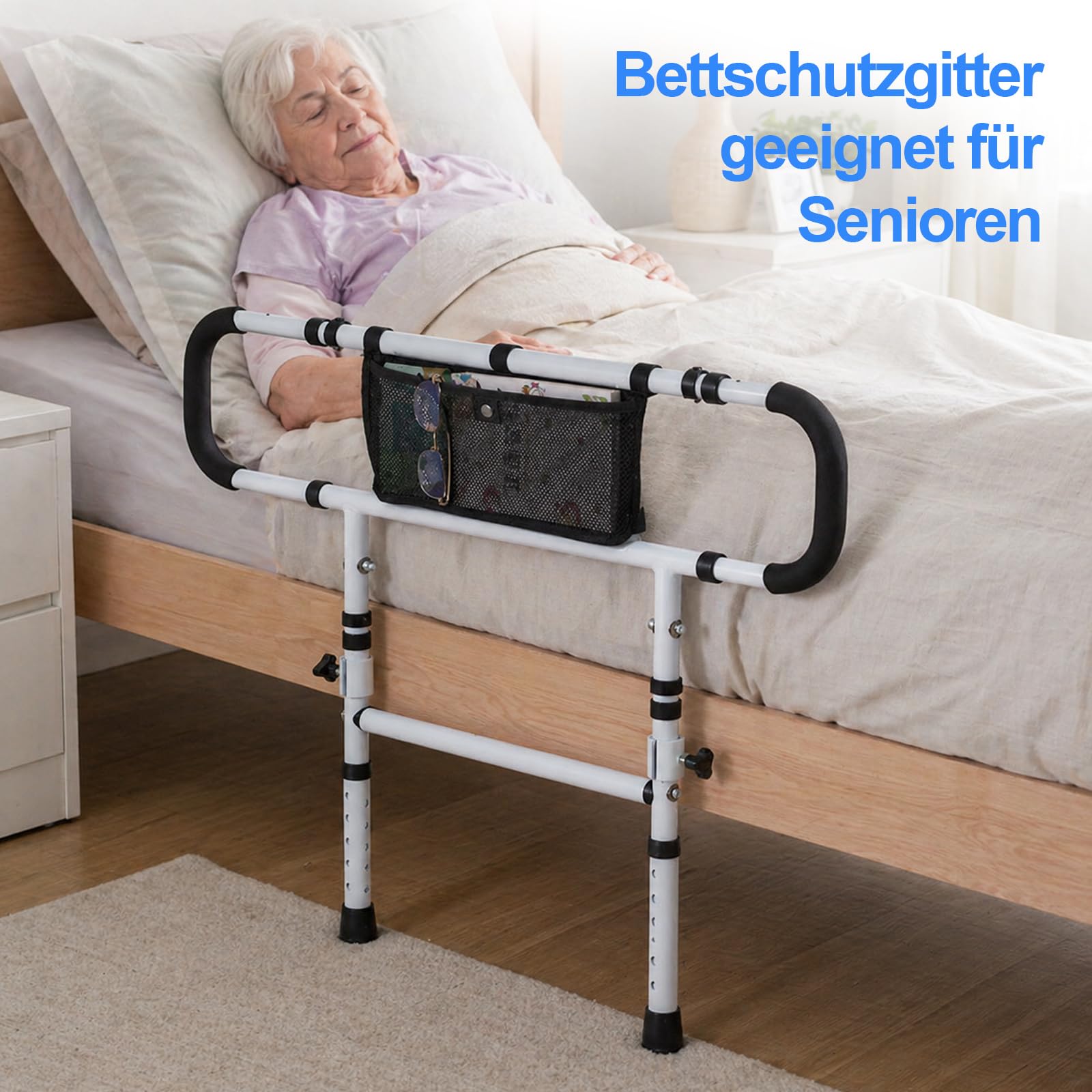 Barrera de cama para personas mayores, altura ajustable y plegable con asa, soporta hasta 180 kg, barrera de protección de cama para adultos, para todas las camas, color blanco