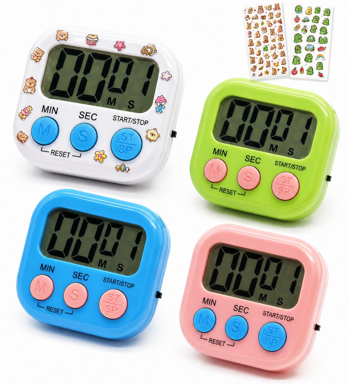 4PCS Magnetic Digital Timer with Sticker Kitchen Timer for Cooking, Minute Seconds Count Up Countdown Kitchen Timers with Loud Alarm for Teachers Classroom Study Exercise Work Gym Teeth Cleaning