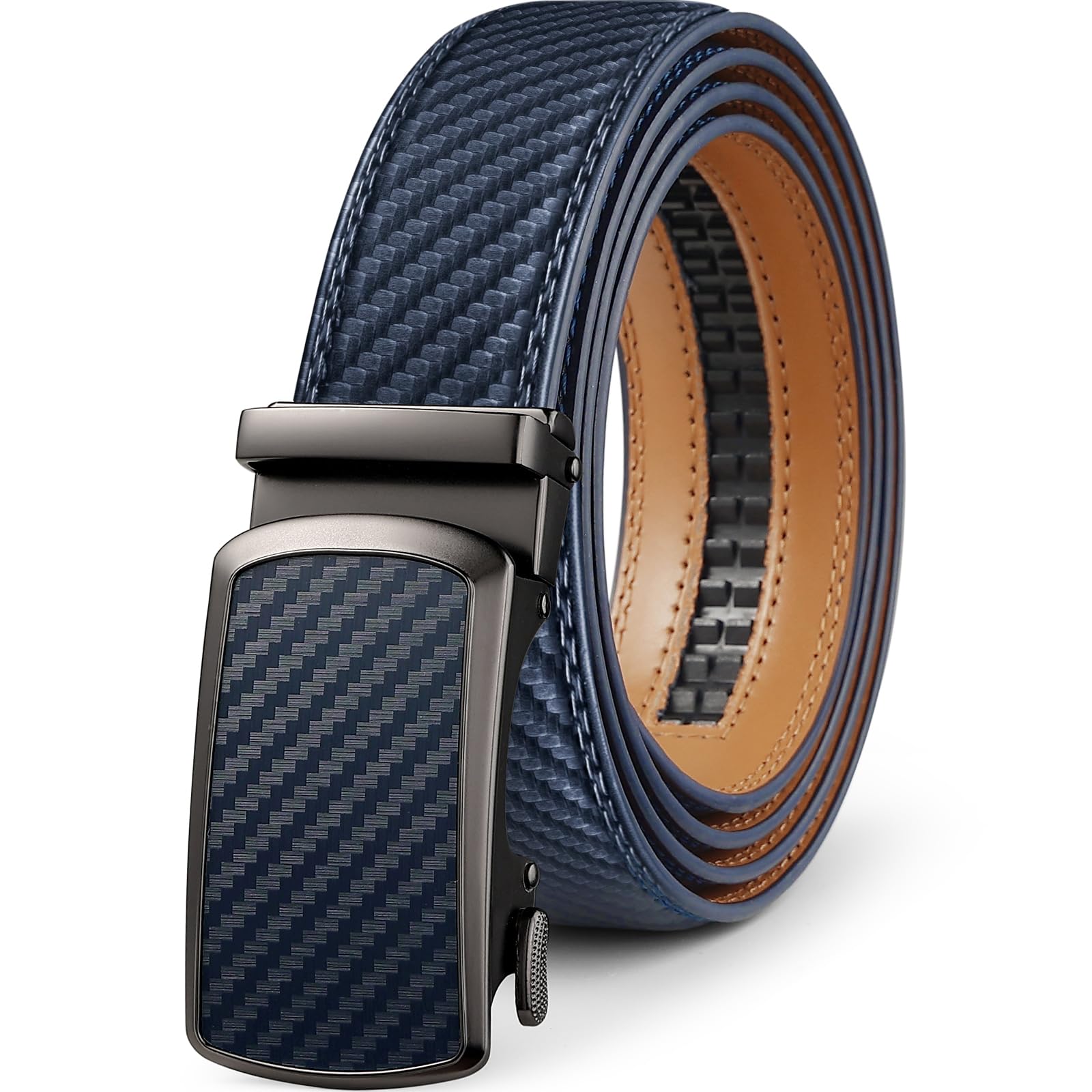 Drowsmen Leather ratchet belt 1 3/8" with Click Sliding Automatic Buckle, Adjustable belt Trim to Fit