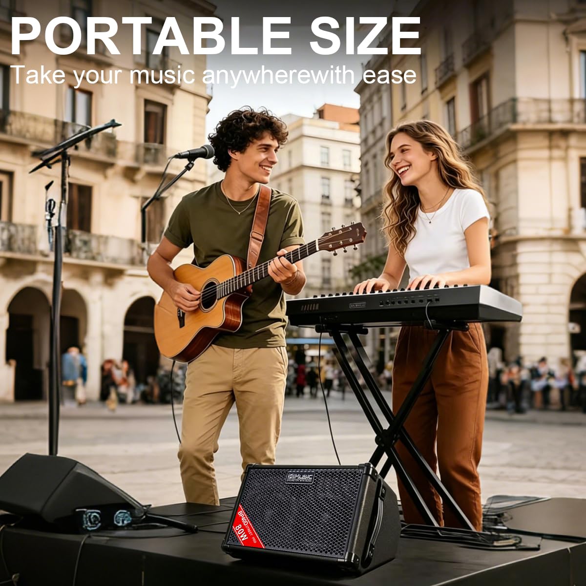 Coolmusic BP40D Verstärker für Akustikgitarre, tragbar, Bluetooth-Lautsprecher, 80 W mit Batterie mit Reverb Chorus Delay Effekt, 6 Eingänge, 3-Band-Equalizer