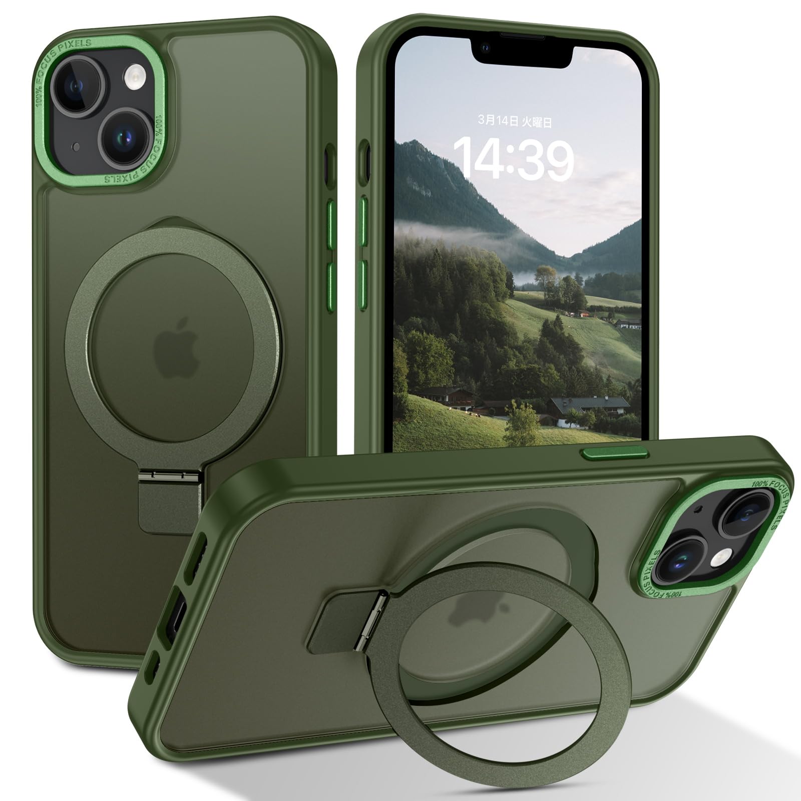 DUEDUE iPhone 13 Mini ケース MagSafe対応 グリーン 超薄型スタン 120°調節可能 耐衝撃 半透明デザイン 一体型