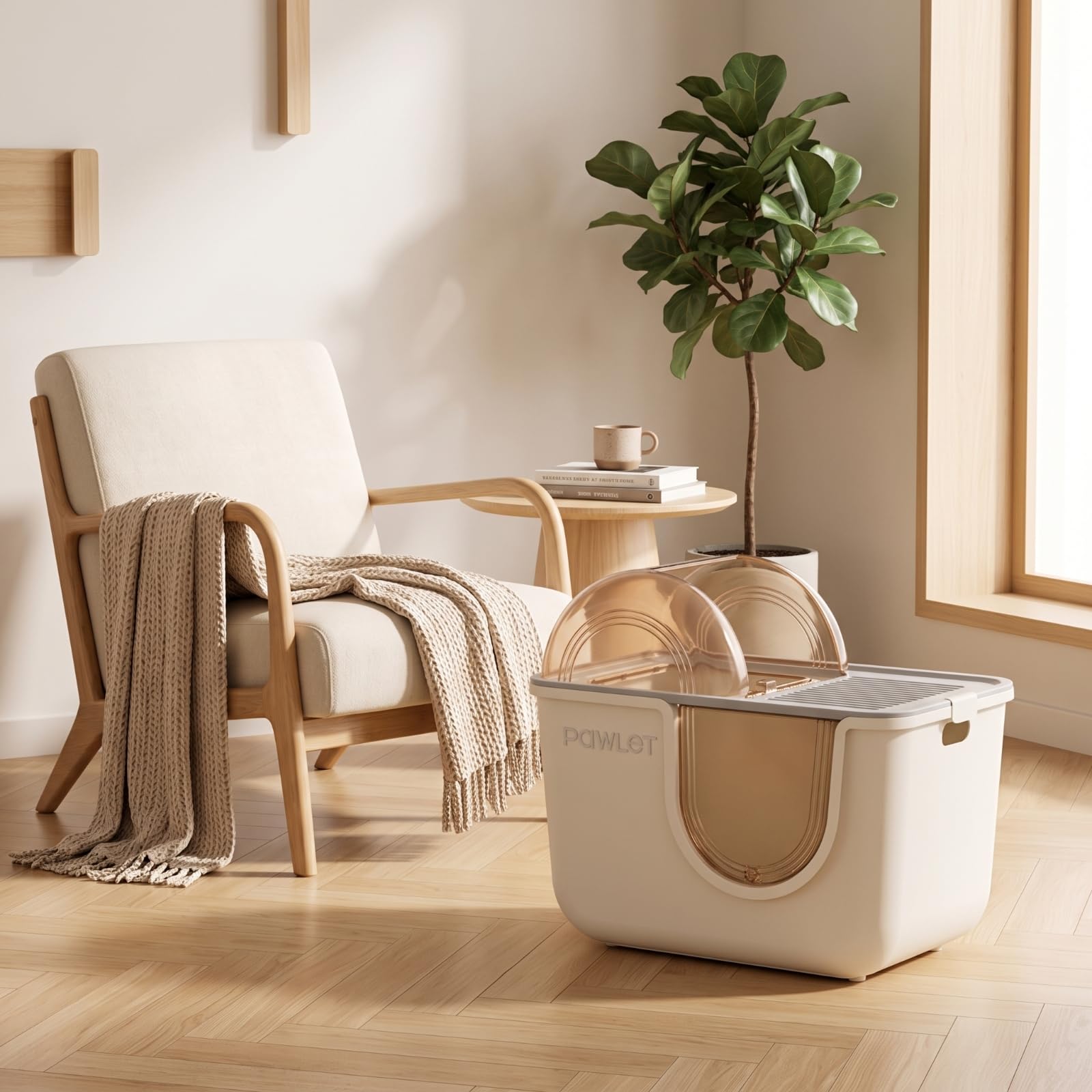 Arenero con Tapa Cerrado Arenero Cubierto Amplio Caja para Interiores, Apartamento, Amarillo Crema