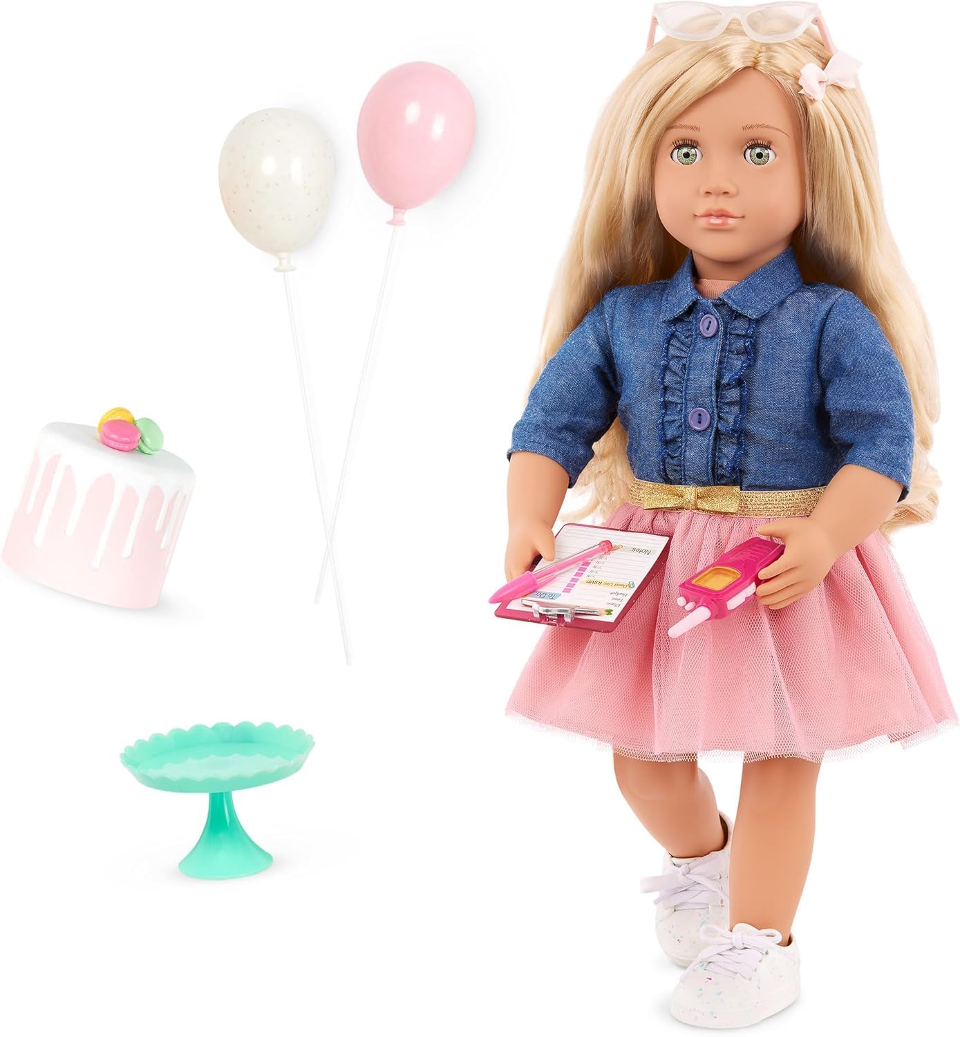 Our Generation - Emily - Bambola posabile da 46 cm - Capelli biondi e occhi verdi - Torta di compleanno e accessori per feste - Gioco di finzione - Giocattolo per bambini dai 3 anni in su