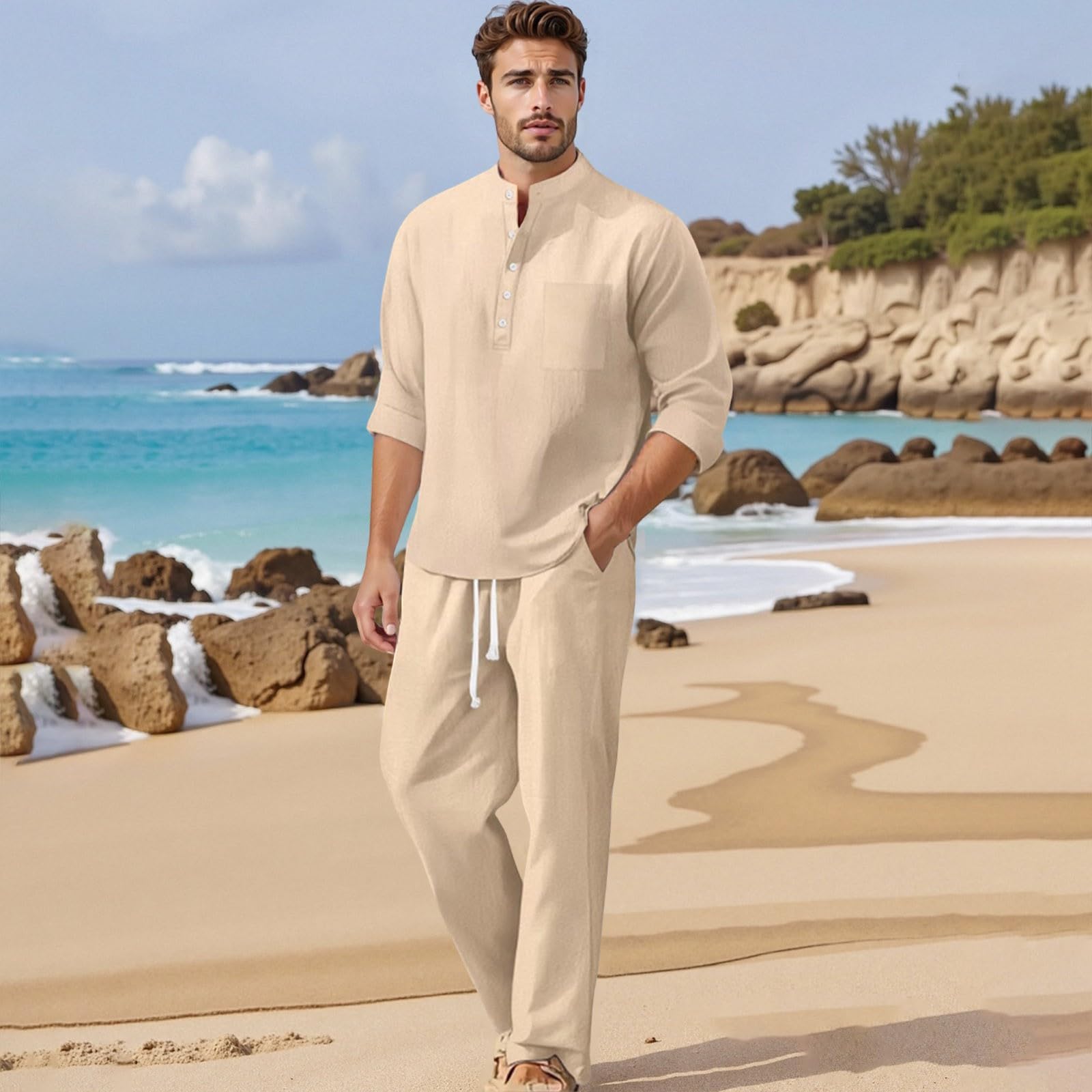 Generisch Pantaloni da uomo in lino per primavera e estate, vestibilità larga, traspiranti, con elastico in vita, per abbigliamento casual quotidiano e da ufficio