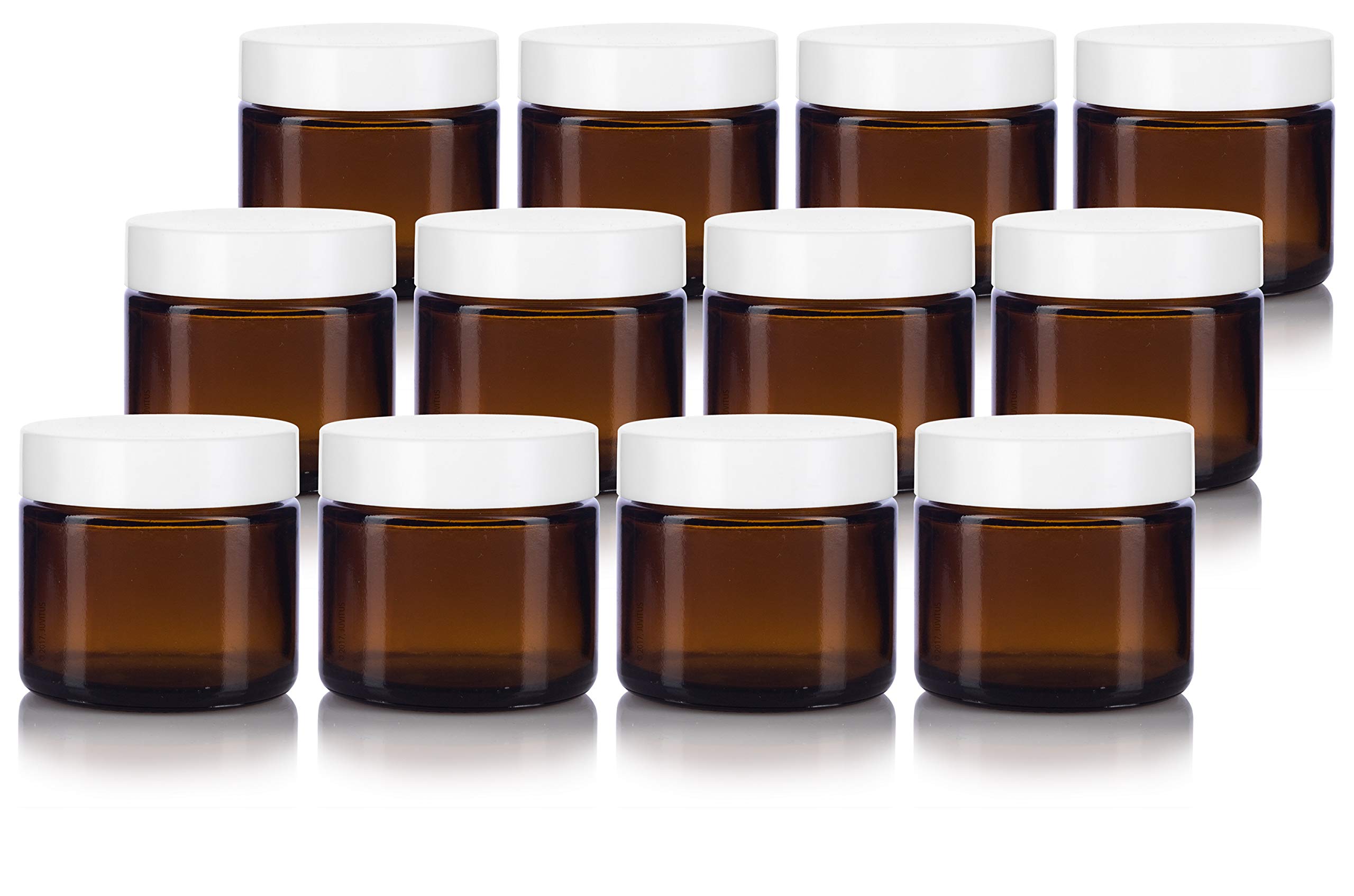 Amber Glass Straight Sided Jar with White Foam Lined Lids - 2 oz (12 Pack) + Spatulas