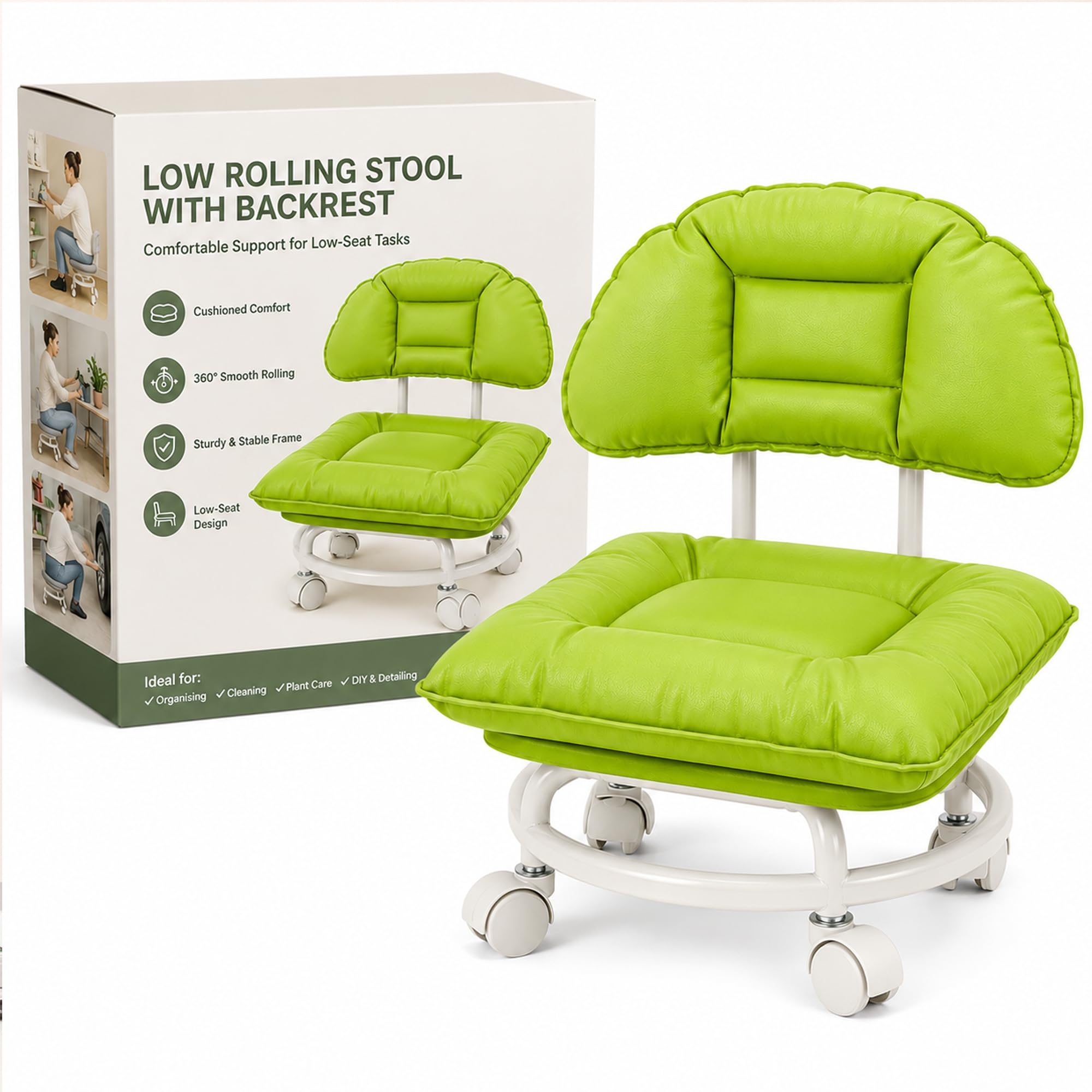 Rolling Low Stool with Backrest, Padded Seat, 360° Swivel Wheels ，Green