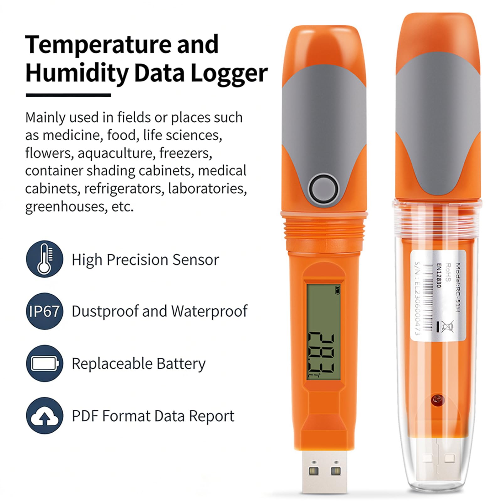 Registrador profesional de temperatura y humedad con 32000 puntos de datos para almacenamiento de alimentos, farmacéutico, laboratorio, uso industrial, impermeable, termohigrómetro