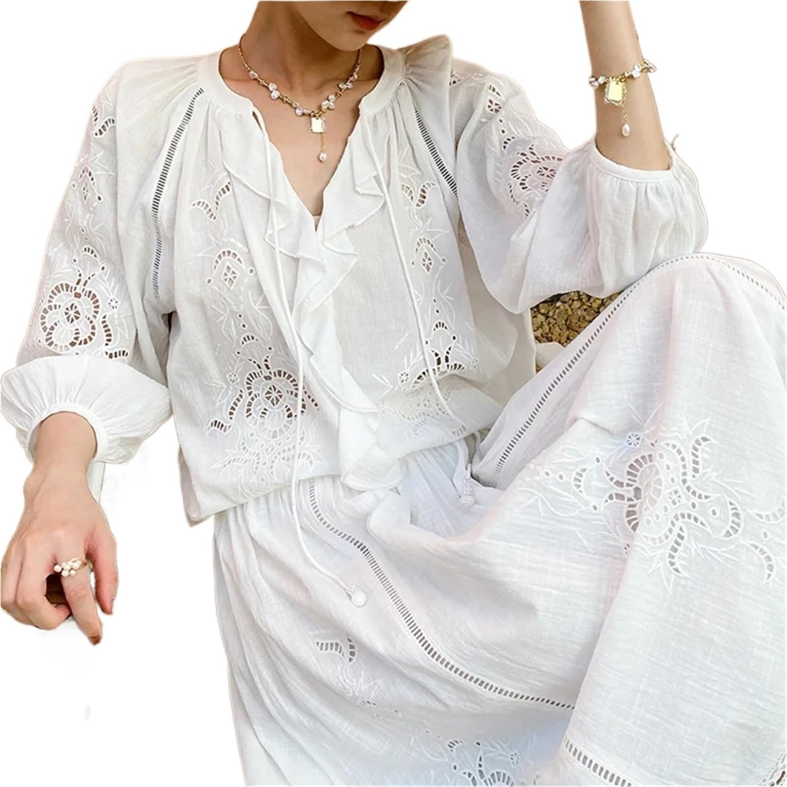Copricostume Donna Camicetta da Donna Vintage | Camicia bianca primavera estate manica lunga casual scollata top da donna(Blouse only,S)