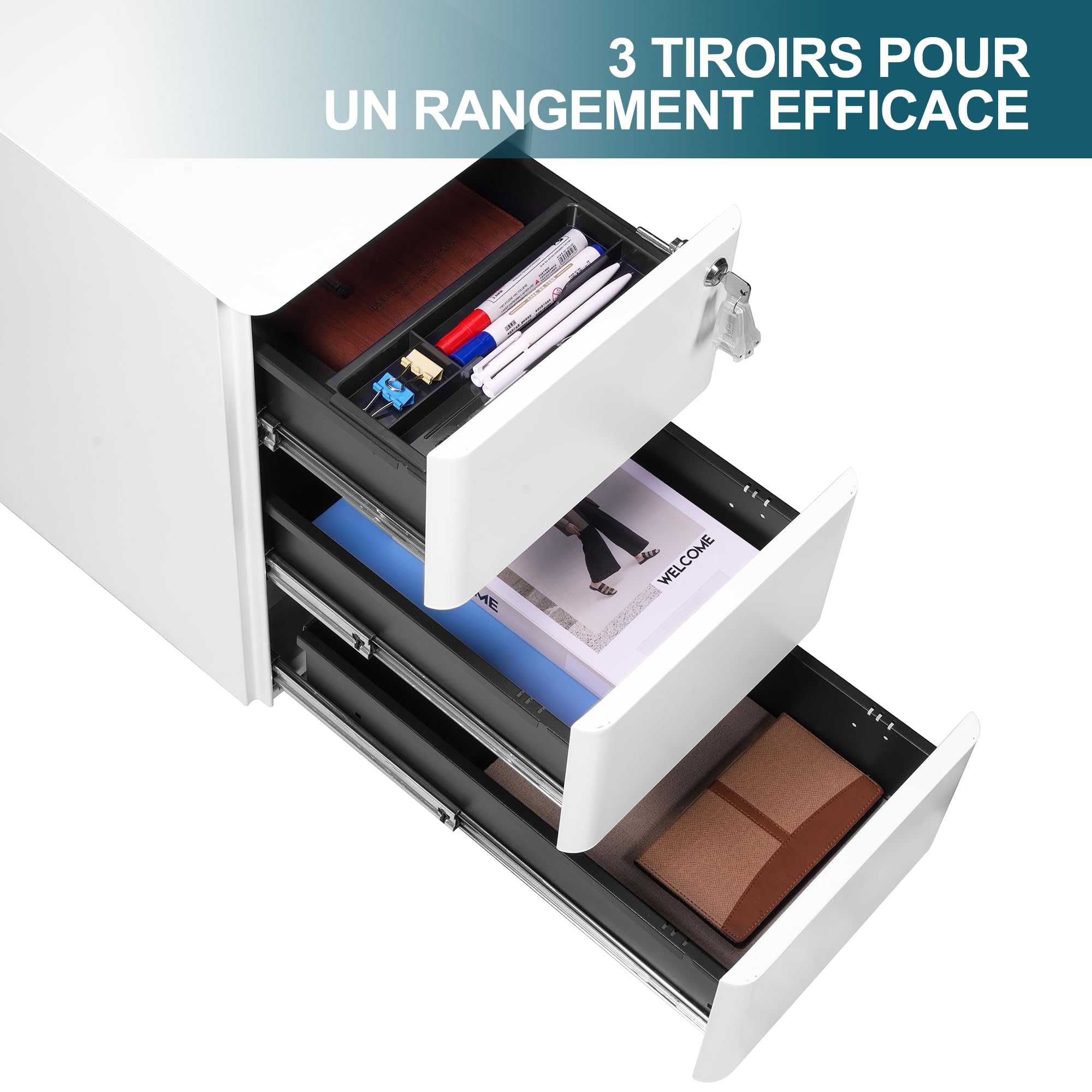 Caisson de Bureau Mobile, Verrouillable, 4 Clés, Meuble Tiroir Bureau, Caisson Tiroir, Rangement pour Documents et Papeterie, Blanc