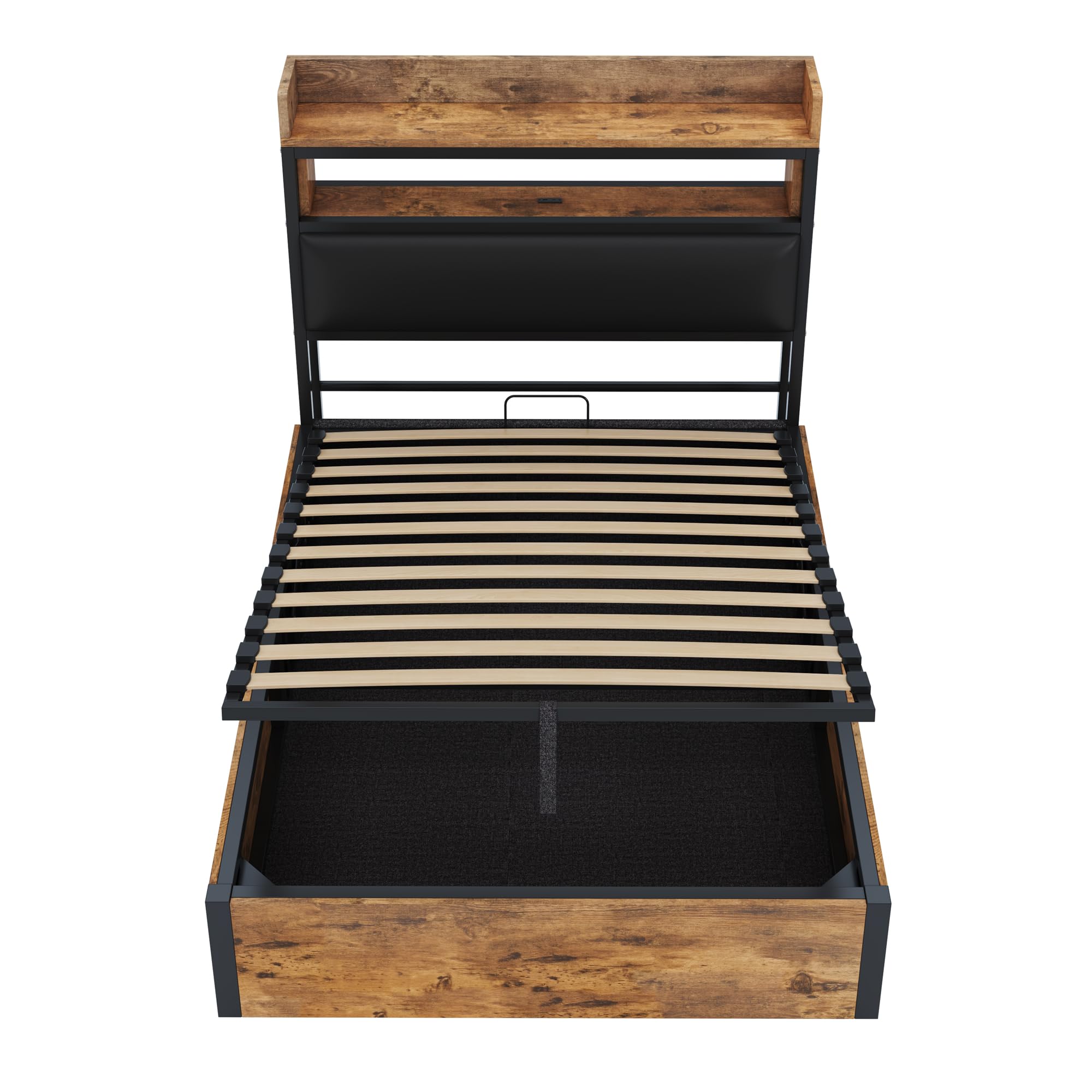 Merax Bettgestell 90x200, Hydraulisch Holzbett mit großem Stauraum, gepolstertem Kopfteil mit Ablage, USB-Ladeanschlüssen, Holz-Metall-Design, Schwarz (Ohne Matratze)