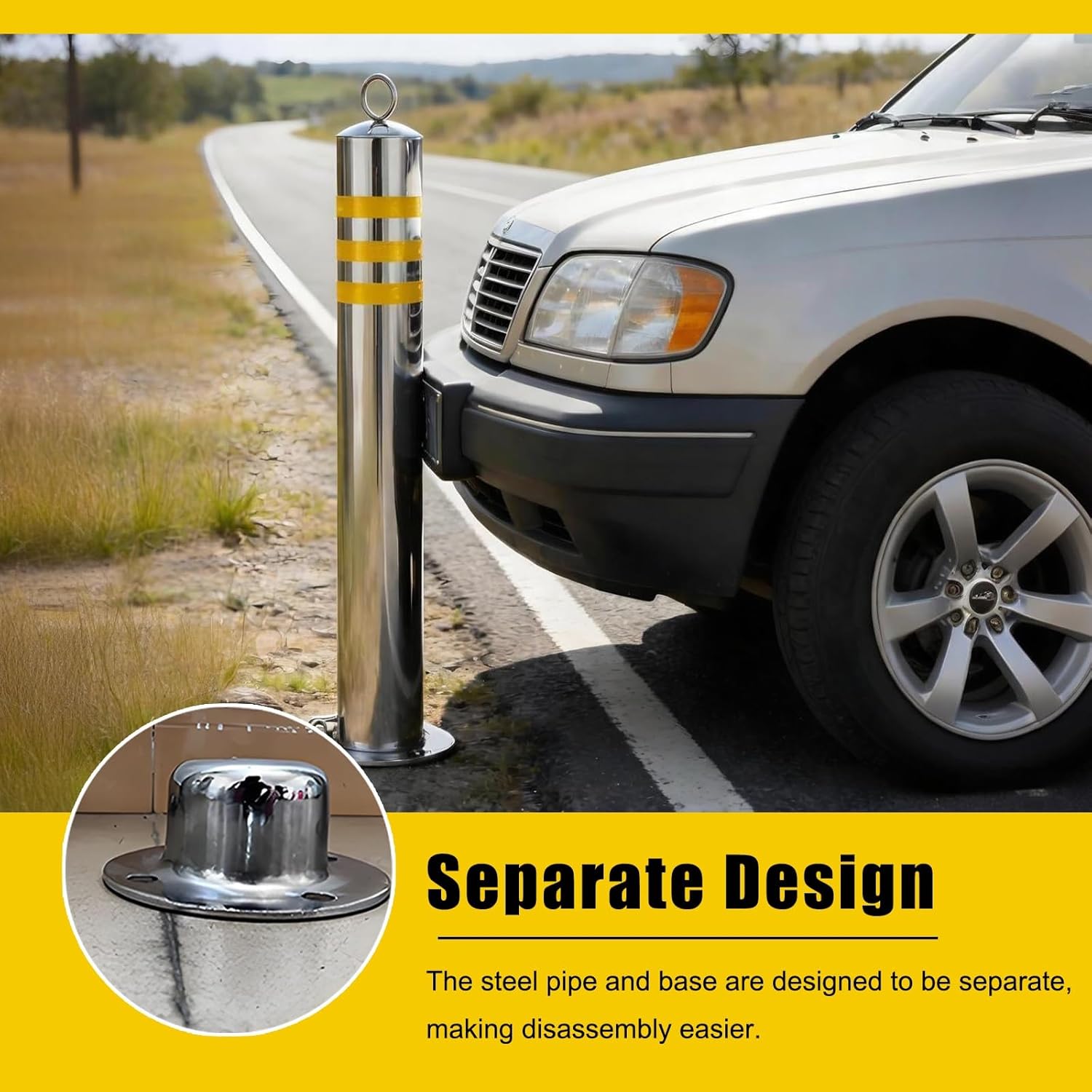 Safety Bollard Post, Heavy Duty Steel Parking Barrier, Safety Barrier Bollard for Driveways, for Parking Lot and Construction Lot(Yellow-1pcs,75cm/29.5in)