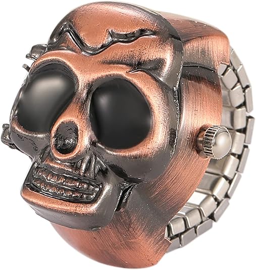 JewelryWe Men Women Finger Watch Punk Skull Flip-Open Cover Quartz Analog Ring Watches, Adjustable Size