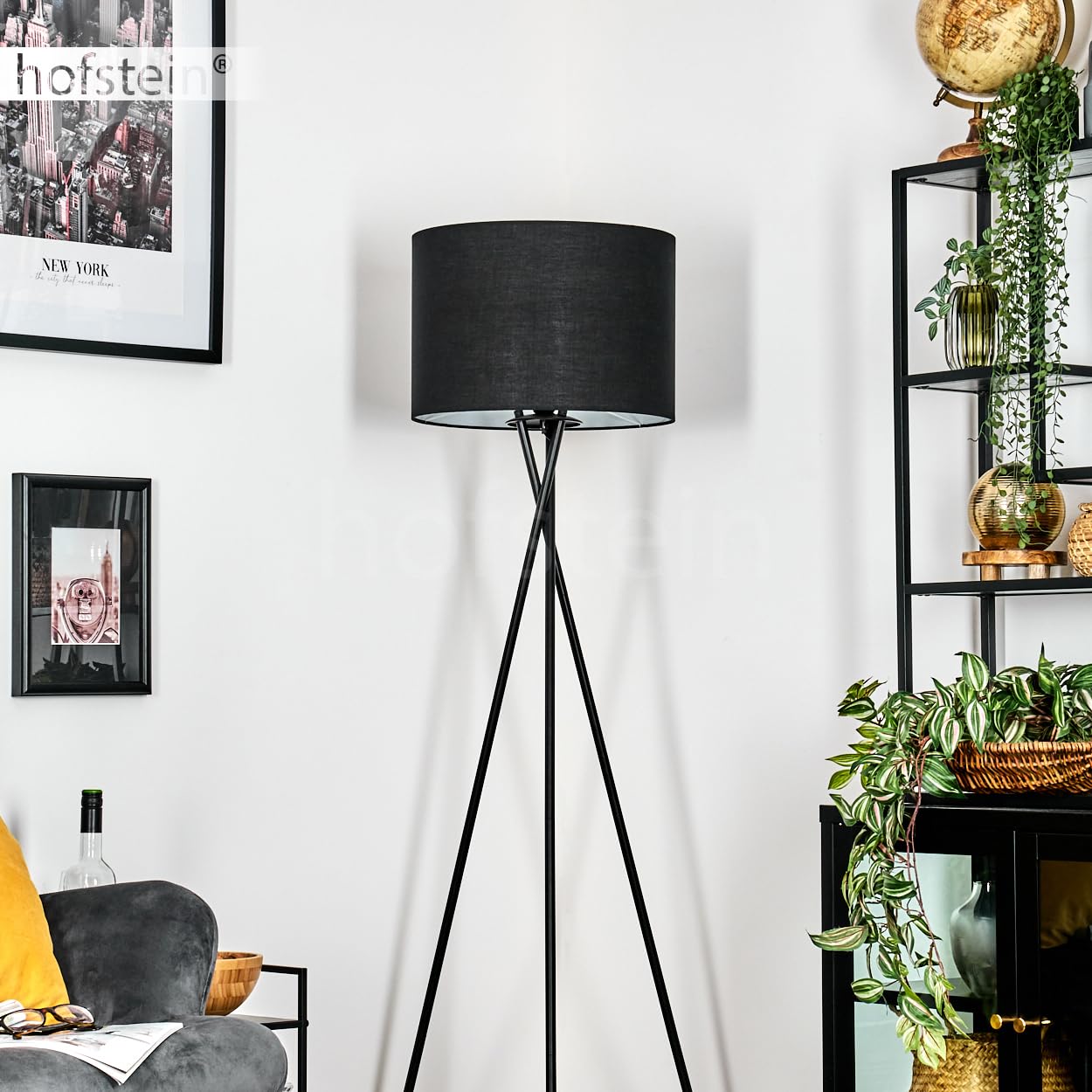 Stehleuchte Bassagoda, Stehlampe aus Metall/Stoff in Schwarz/Weiß, Leuchte im modernen Design mit rundem Schirm (Ø 40 cm) u. Fußschalter, Höhe 156 cm, 1 x E27, ohne Leuchtmittel