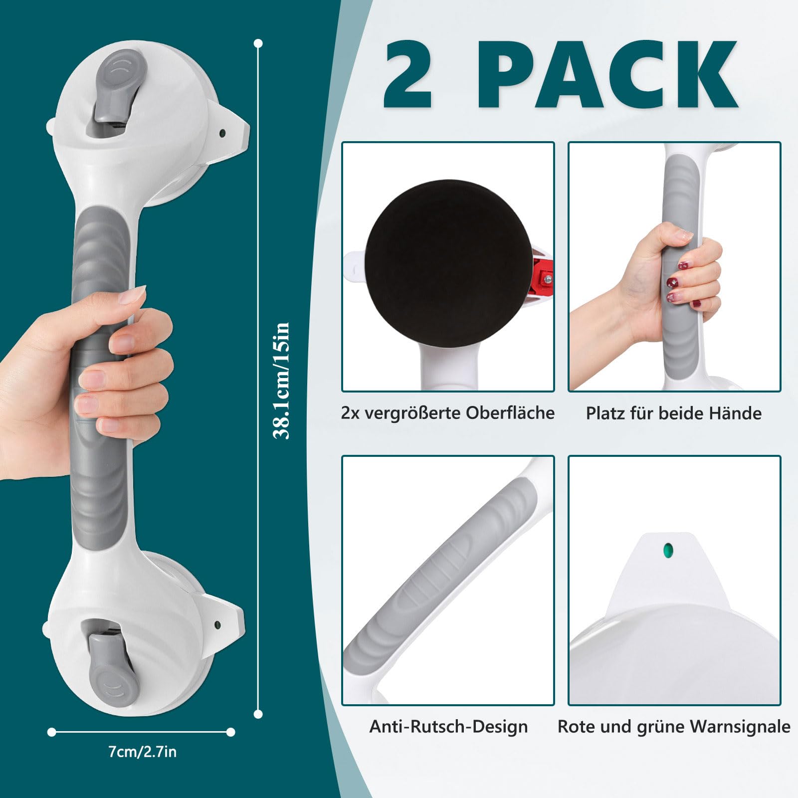 2 x Haltegriff Dusche Ohne Bohren 38CM, Duschgriff mit Saugnapf, 2023 Eine neu gestaltete