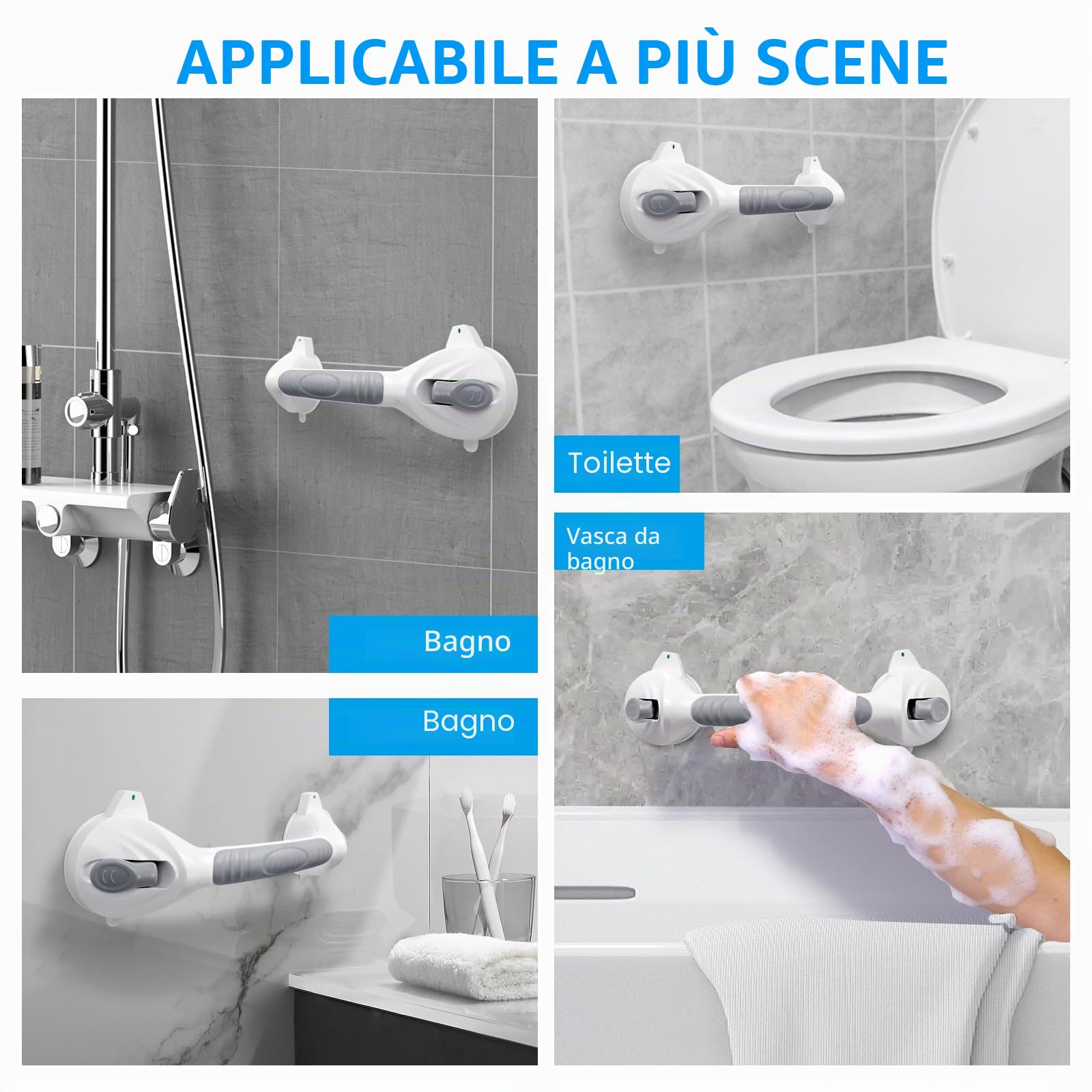 2* maniglie per doccia senza fori, 38 cm, per anziani, con ventosa fino a 110 kg, maniglia per vasca da bagno con allarme di aspirazione, maniglia portatile per doccia scivolo, grigio
