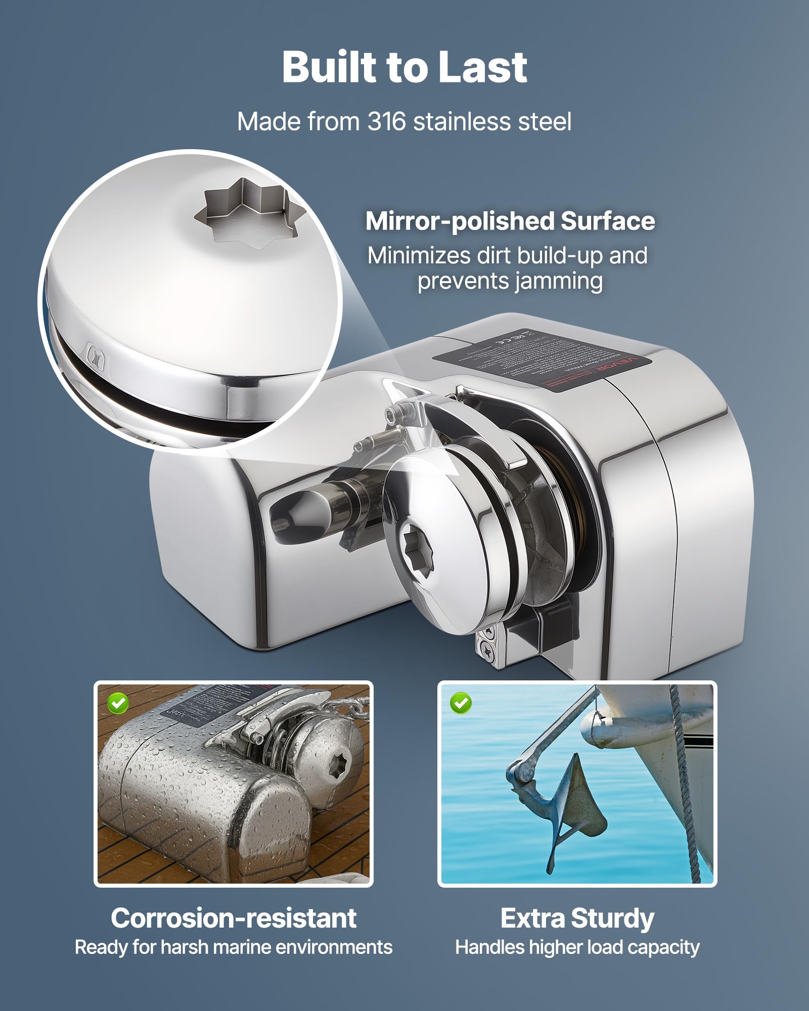VEVOR Molinete de Ancla Eléctrico de 12 V CC, 600 W, para Cadenas de 6,35 mm y Cuerdas de Nailon de 14 a 16 mm, Carga de Tracción de 260 kg, para Embarcaciones de 7 a 9 m, 233 x 206 x 140 mm