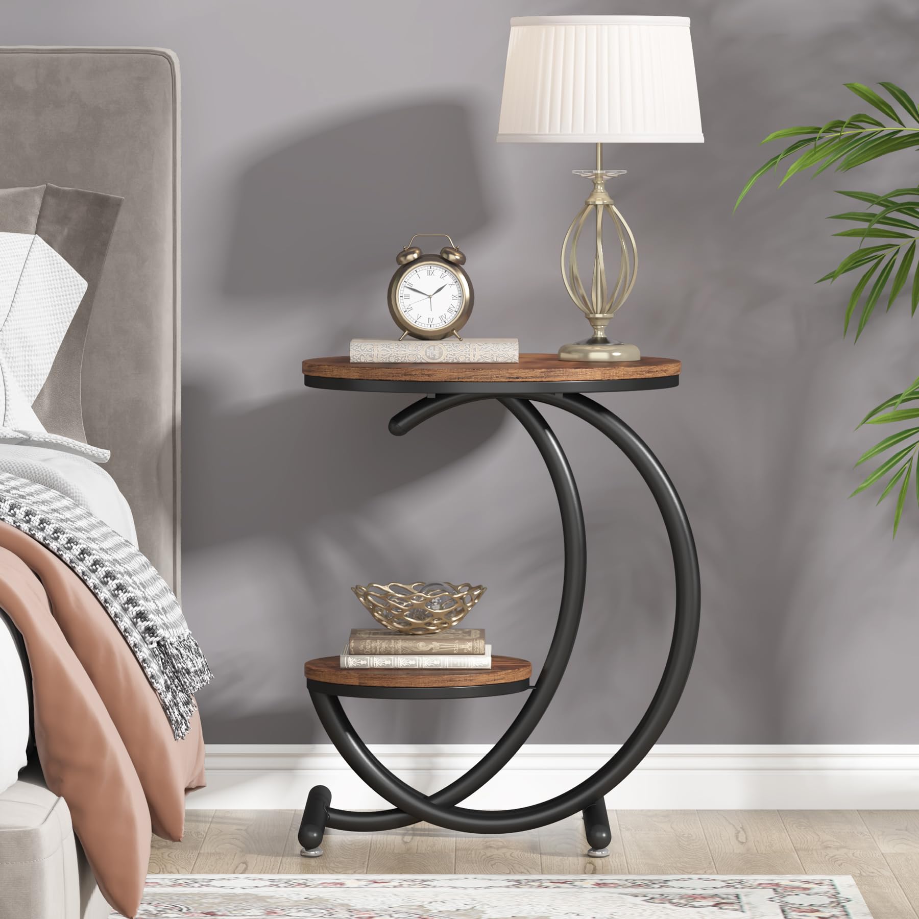 Tribesigns Table d'appoint Ronde Industrielle à 2 Niveaux avec étagères de Rangement, Petite Table d'appoint Rustique pour Salon, Chambre à Coucher (1, Marron/Noir)