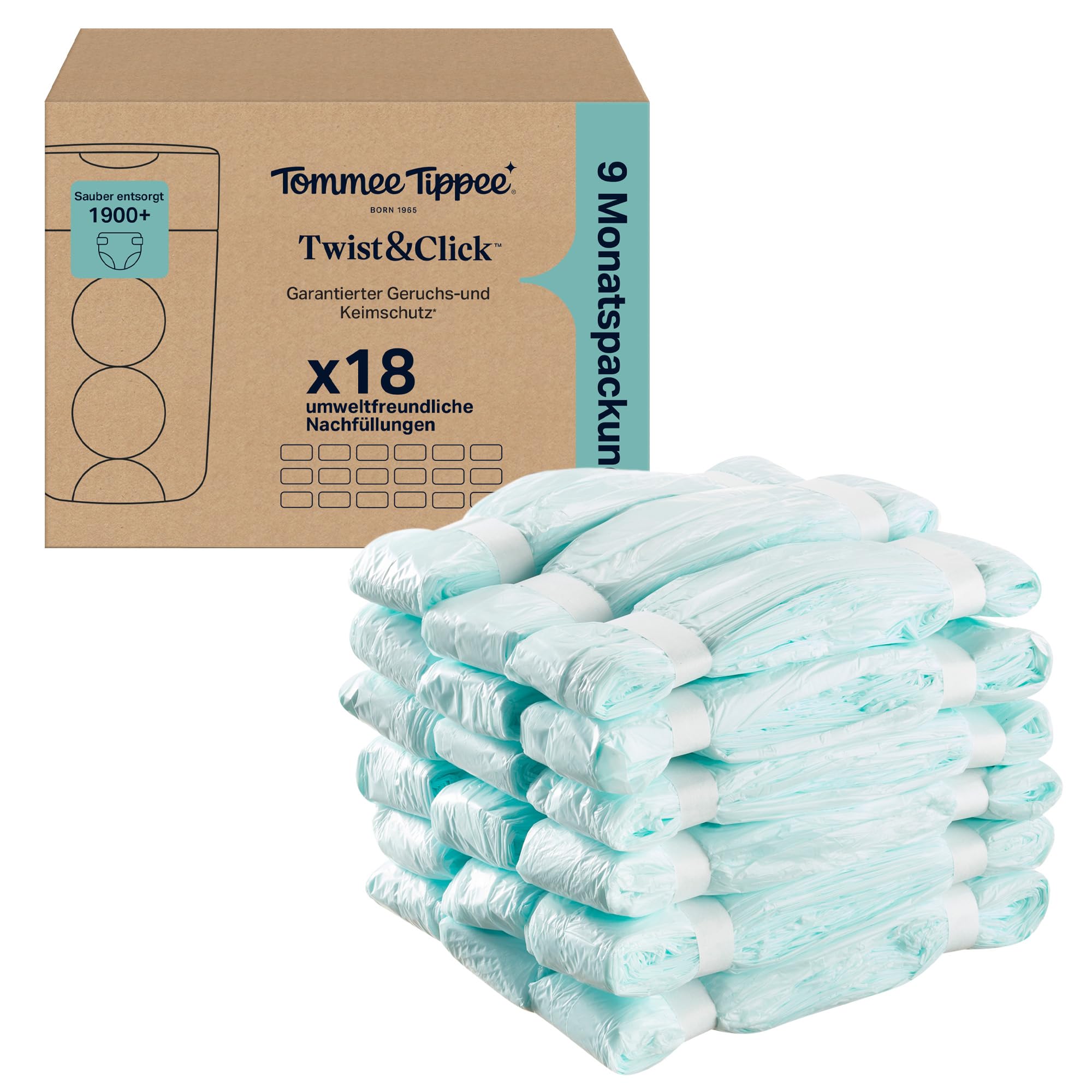 Tommee Tippee Twist & Click Nachfüllfolie für Windeleimer, 18er-Pack, je 10,5 m, mehrlagige antibakterielle* Folie, passend für Twist & Click Kassette, 18 x 10,5 m