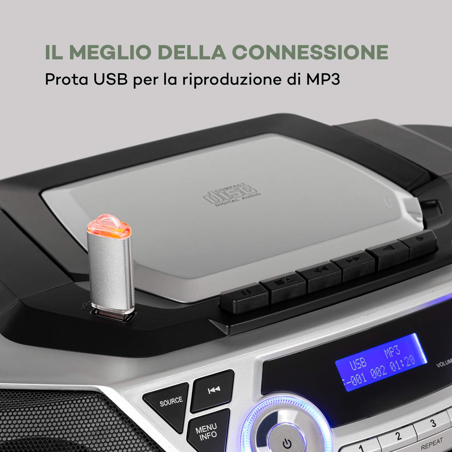 auna Roadie 2K - Boombox, Radio DAB+/FM, Lettore CD, CD-R/CD-RW/CD-MP3, Radiocassette, Portatile, USB, MP3/WMA, Bluetooth 5.0, AUX, Alimentazione a Corrente e Batteria, Argento