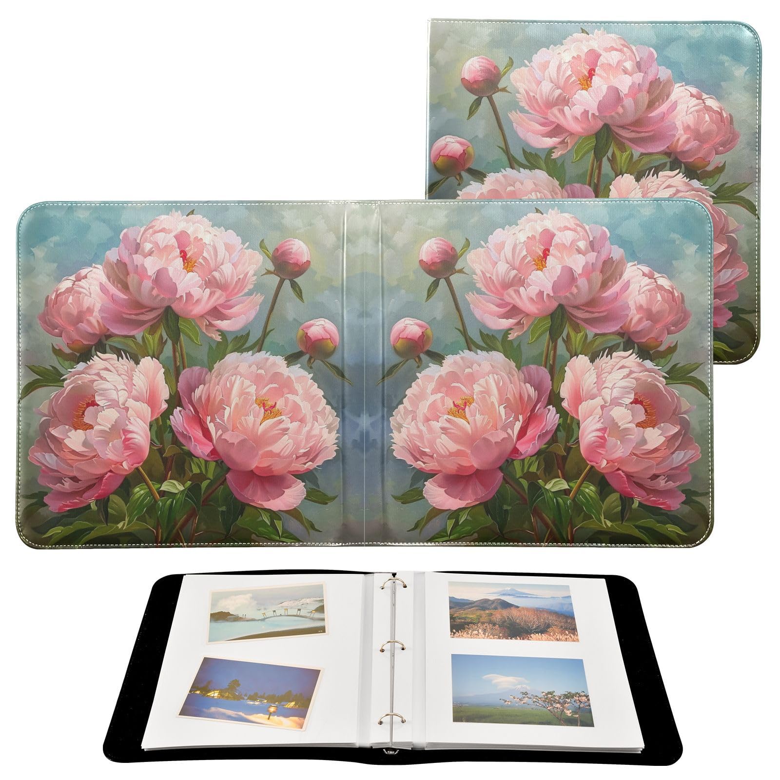 JIPONI Pink Peony Oil Large Photo Album, DIY Leather Cover Scrapbook Albums for 4x6 5x7 6x8 Pictures, Self Adhesive Memory Book for Wedding, Baby, Family