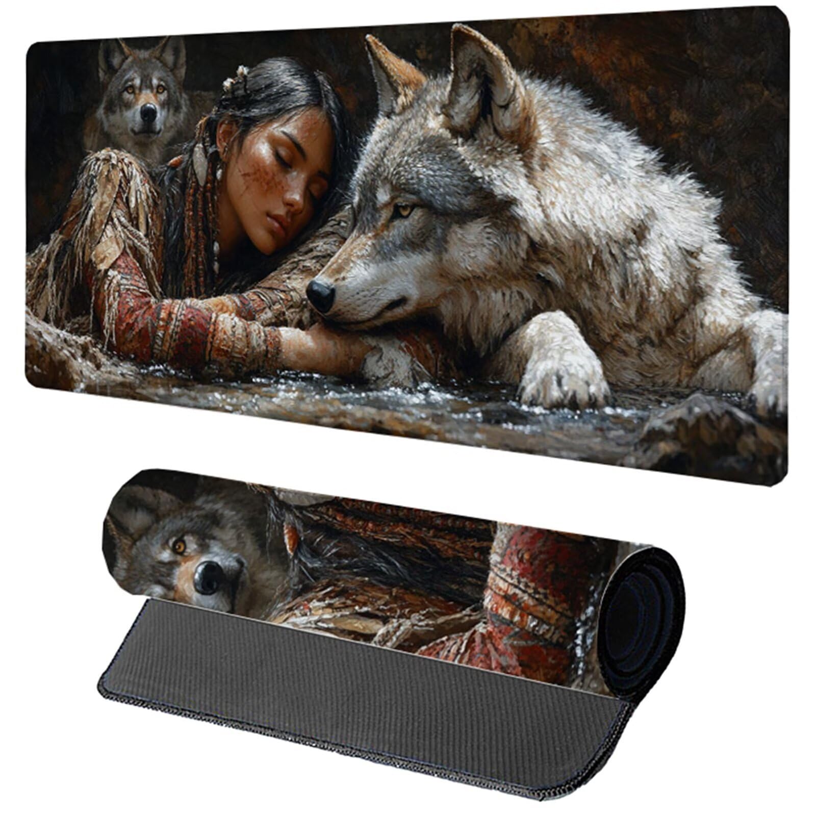 Podkładka pod mysz XXL 1200 x 600 x 3 mm, szara podkładka pod mysz Wolf ze zszytymi krawędziami, antypoślizgowa gumowa podstawa rozszerzona podkładka pod mysz do gier na pad do biura akcesoria do gier