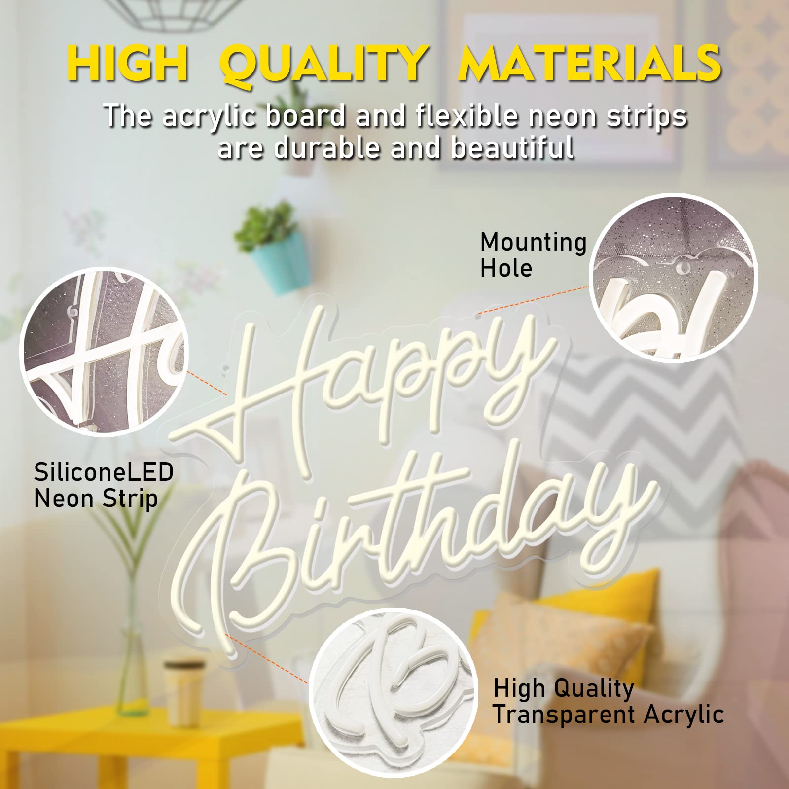Feliz cumpleaños Señal de neón reutilizable cálido blanco led luz nocturna de neón Decoraciones de la fiesta de cumpleaños USB operado decorativo para la decoración de la pared de fondo 5v, 16.5""*11"