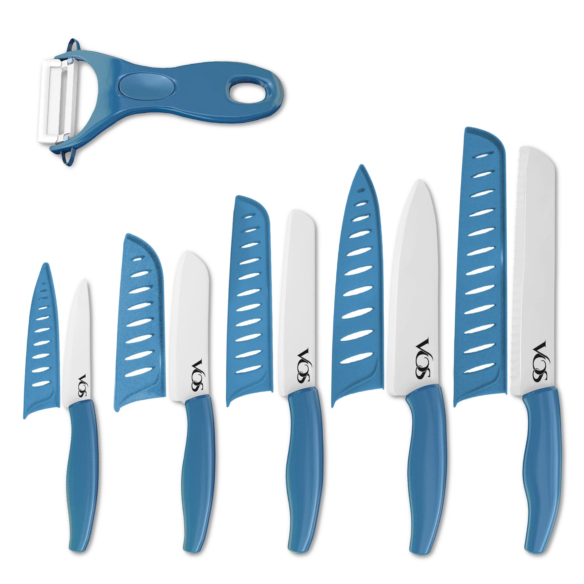 Ceramic Knife with Peeler, Knives Set For Kitchen, Ultra Sharp Kitchen Knife Set with Covers, 4" 5" 6" 7" 8" Paring, Chef Knife, Santoku & 2 more, Lightweight, Dishwasher safe (Blue)
